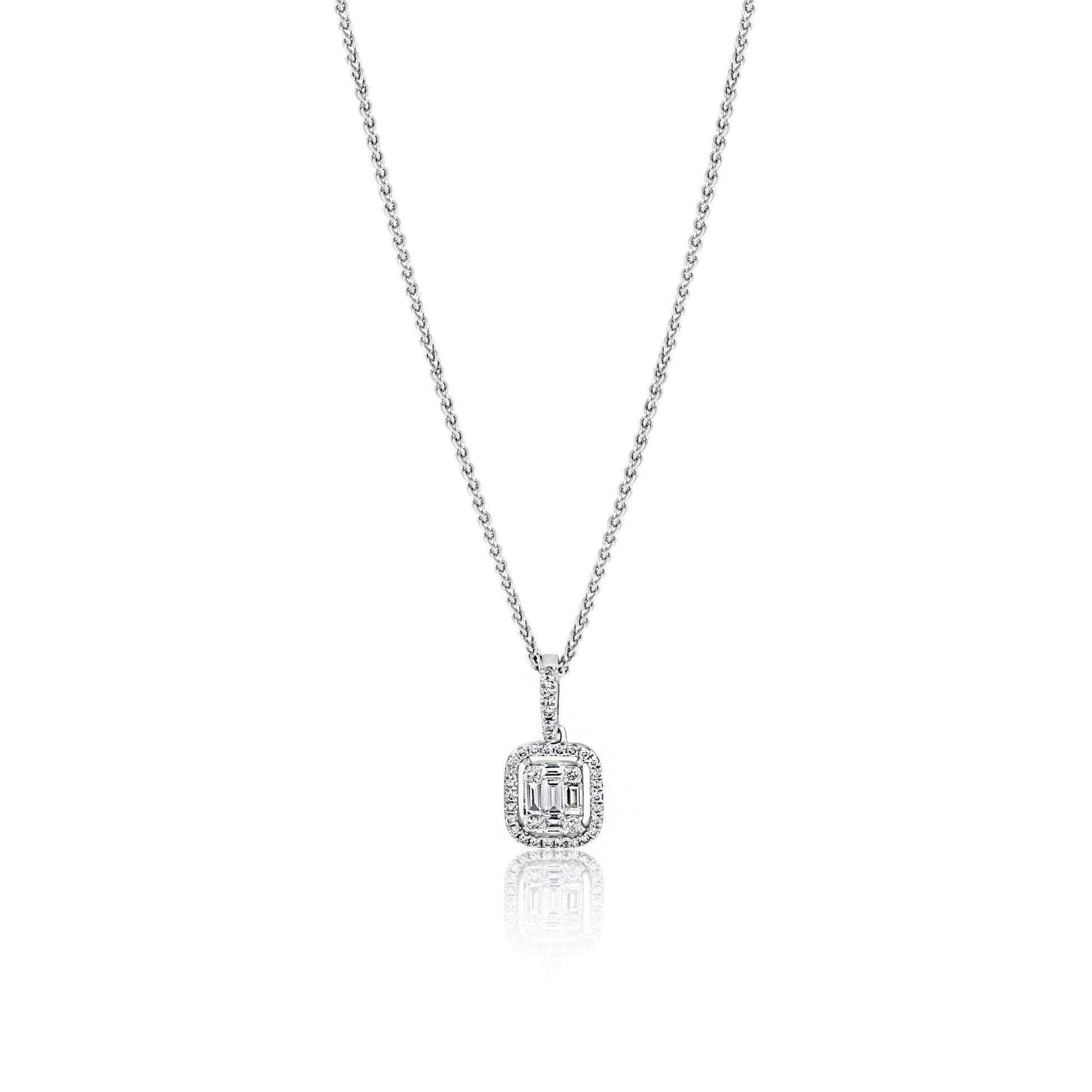 Art Deco Inspired Diamond Pendant Necklace with Baguette Cut Centre 0.42ct