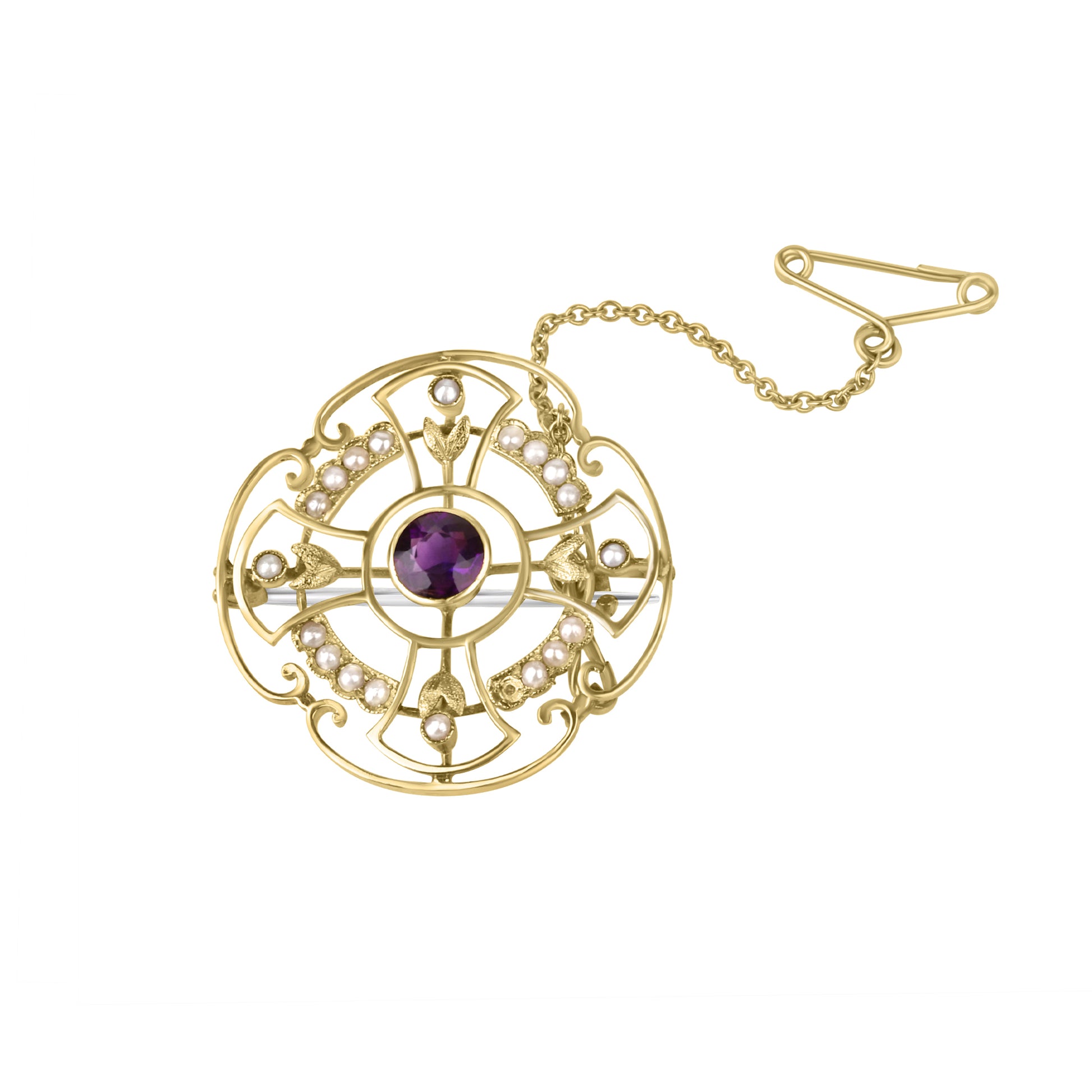 15ct Gold Amethyst and Seed Pearl Brooch Pre-Owned