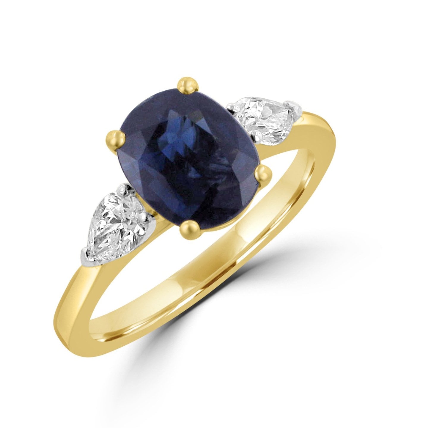 18ct Yellow Gold Trilogy Ring With a Dark Blue Oval Sapphire & Two Pear Shaped Diamonds