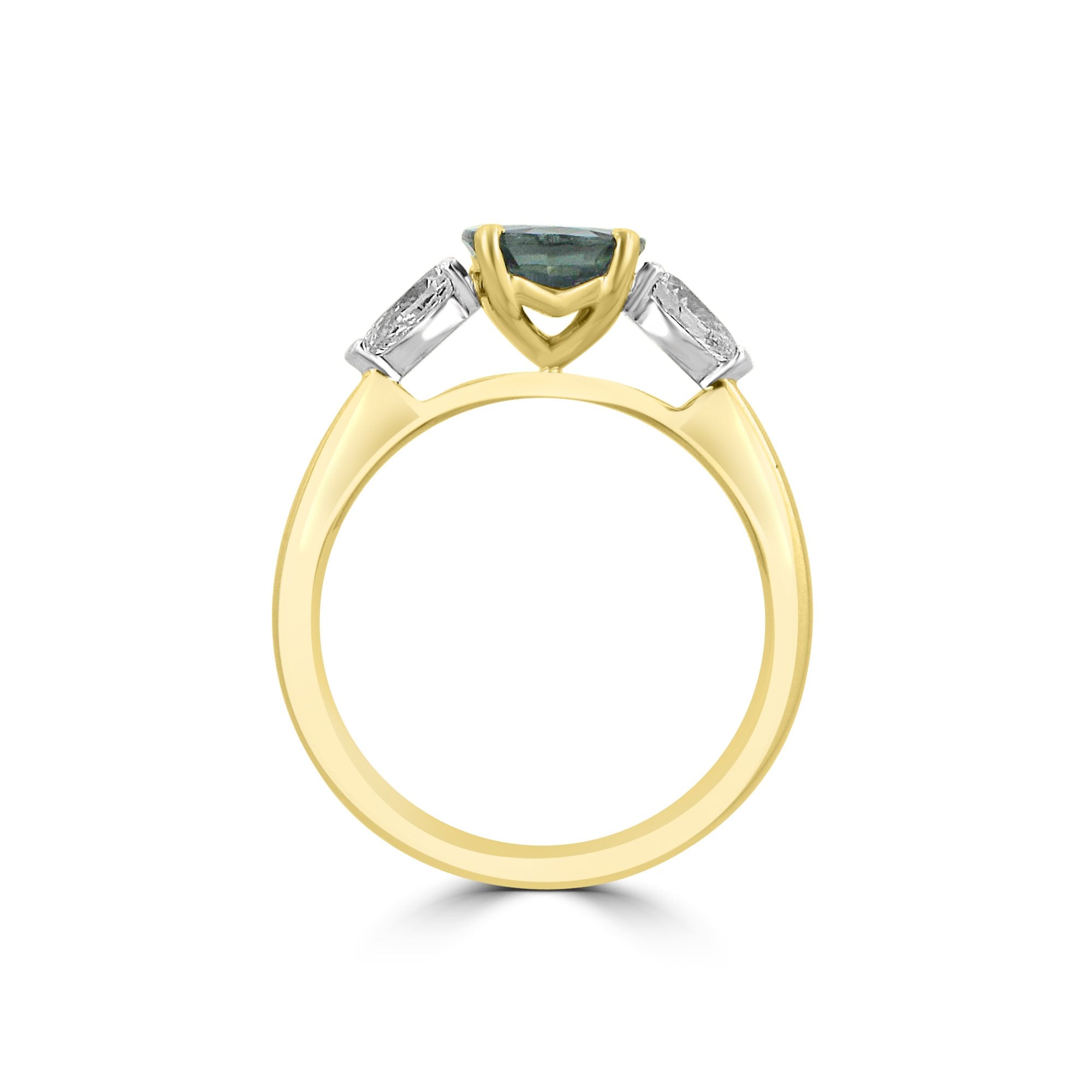18ct Yellow Gold Trilogy Ring With a Dark Blue Oval Sapphire & Two Pear Shaped Diamonds