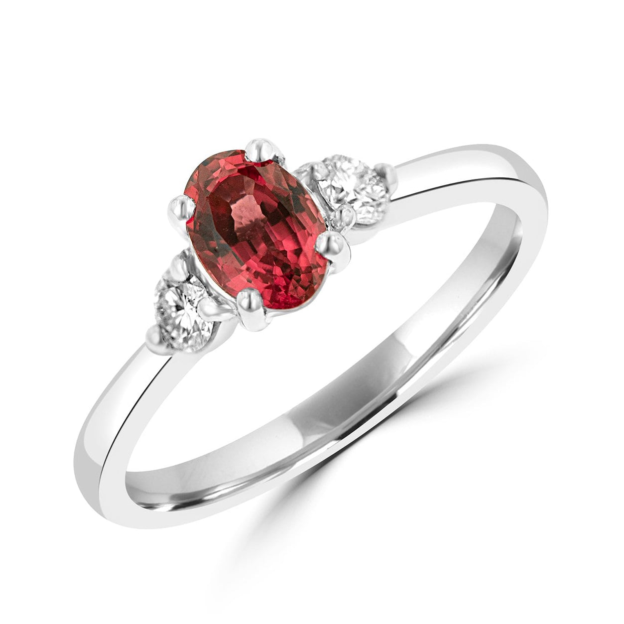 Platinum Three Stone Ring with an Orange/Pink Spinel Centre Stone and Outer Diamonds
