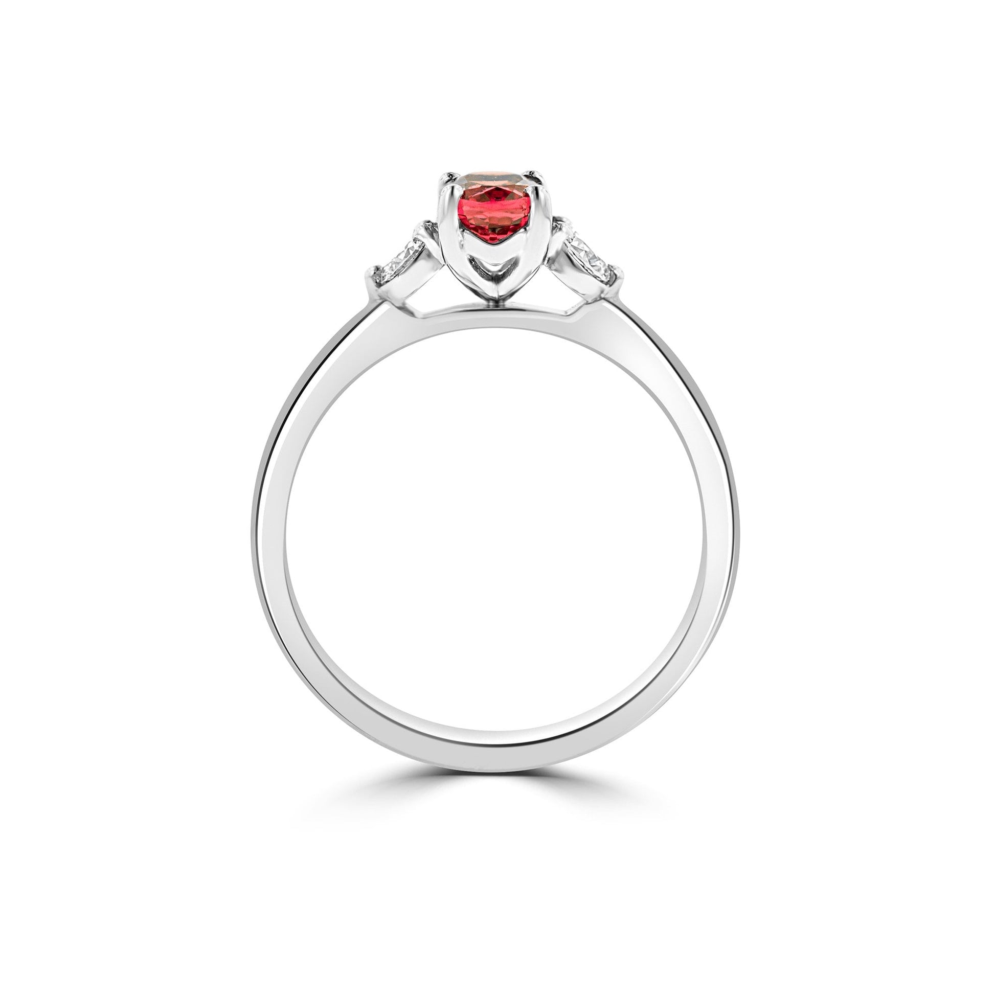 Platinum Three Stone Ring with an Orange/Pink Spinel Centre Stone and Outer Diamonds