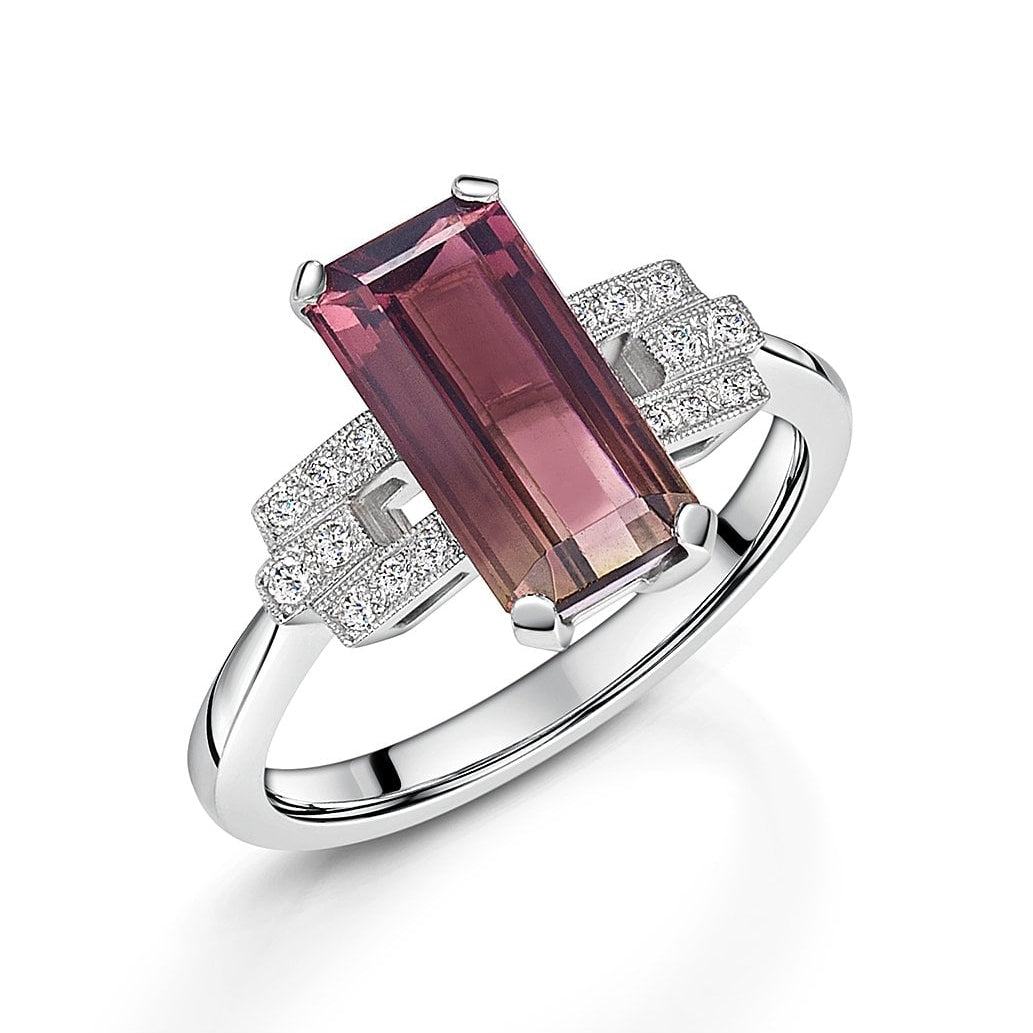 Platinum 2.49ct Tourmaline and Diamond Deco Inspired Cocktail Ring