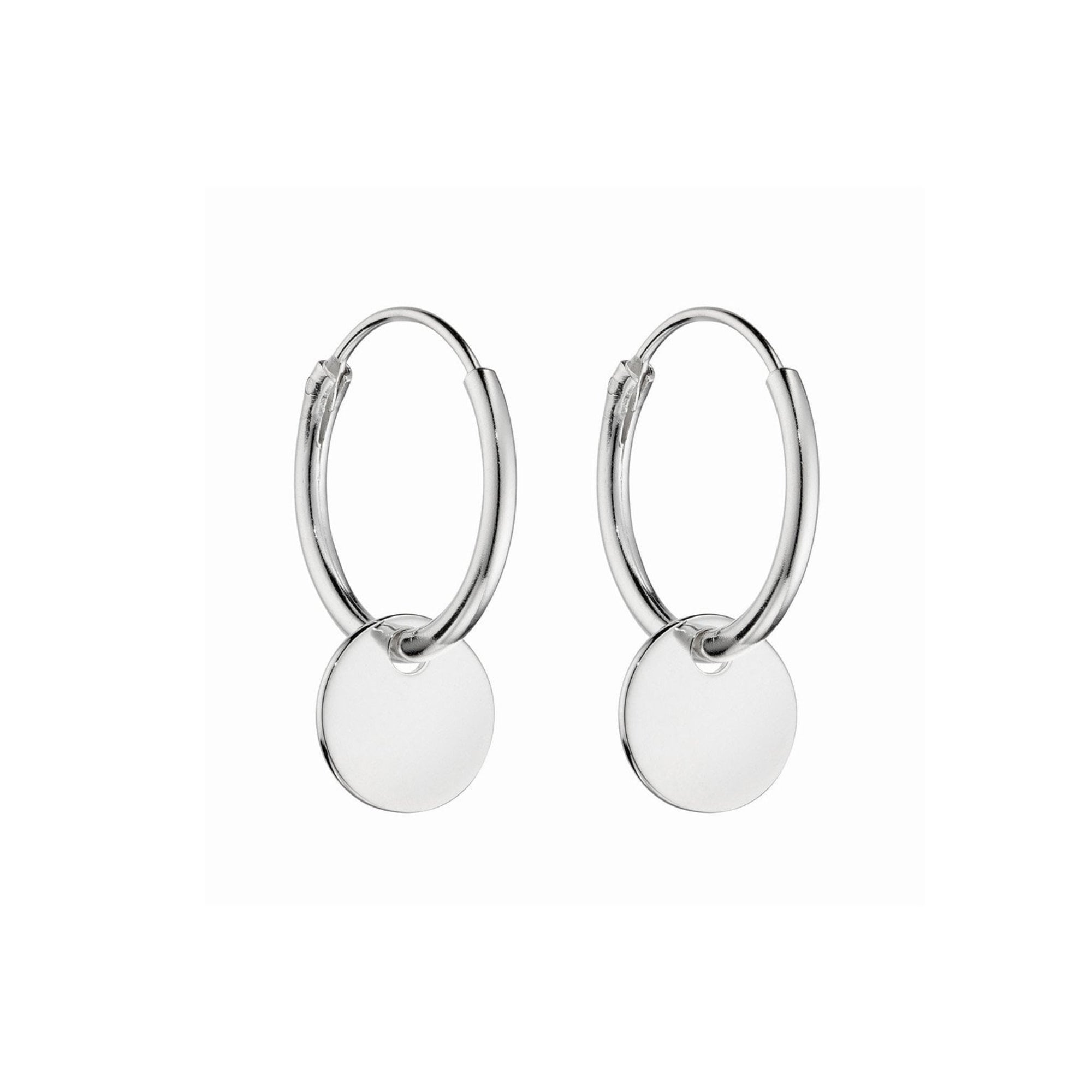 Silver Hoop Earrings with Round Hanging Disc Charm