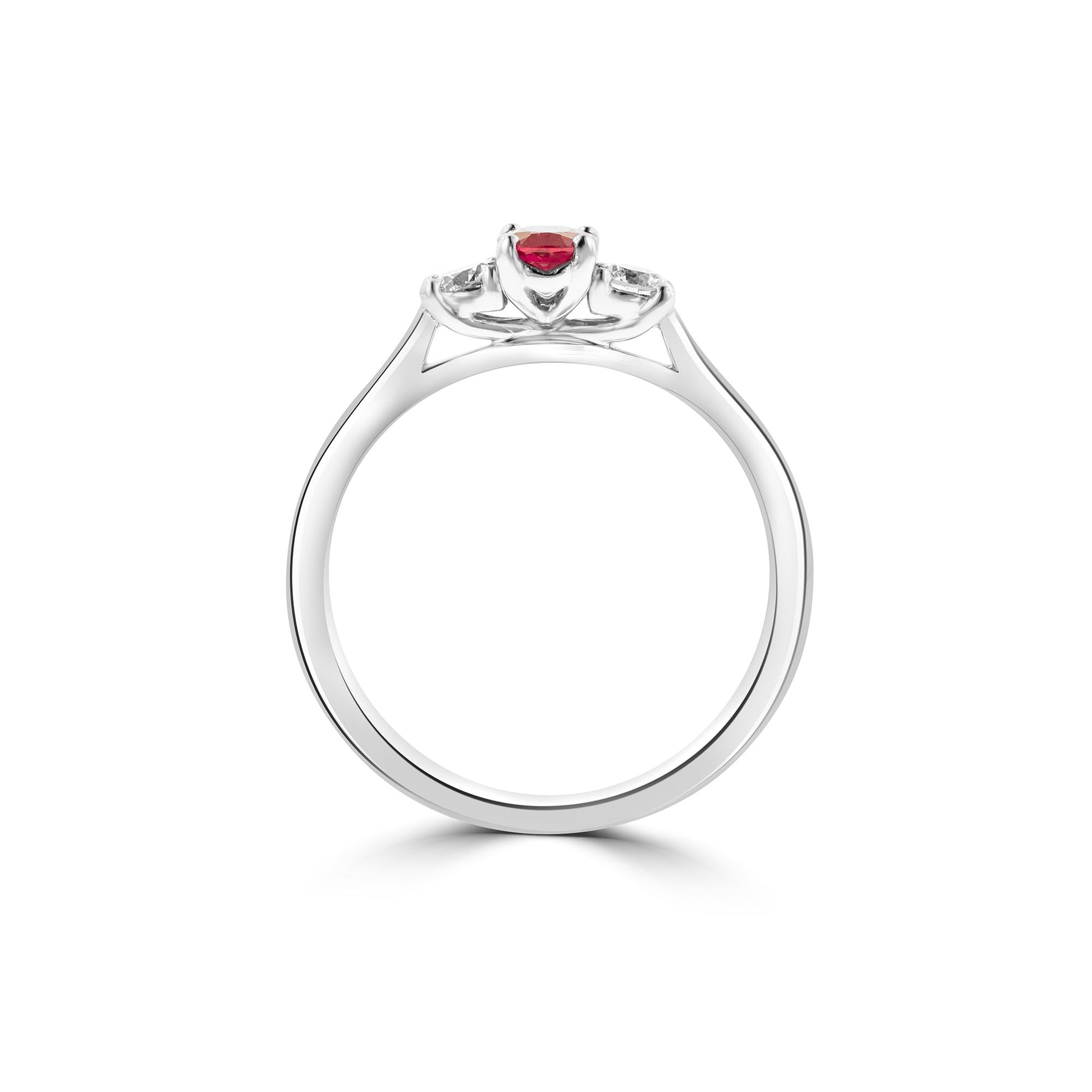 Three Stone Diamond and Red Ruby Ring in 9ct White Gold