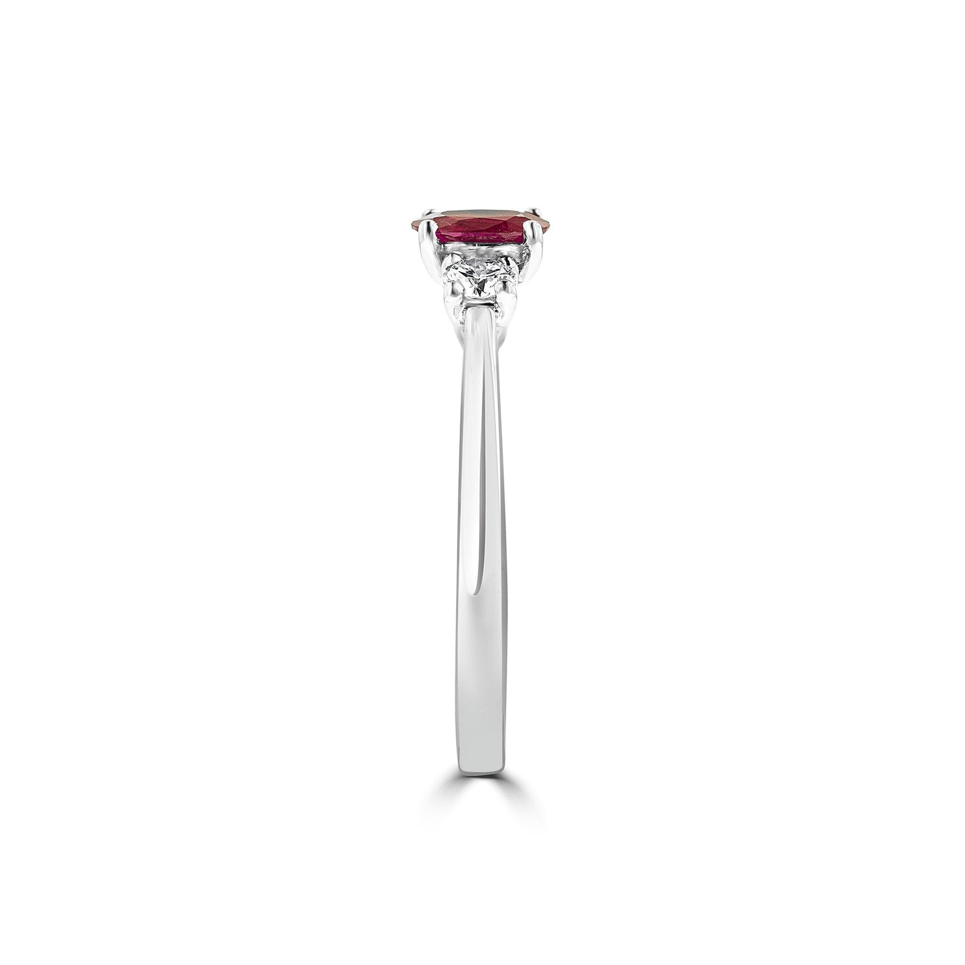 Three Stone Diamond and Red Ruby Ring in 9ct White Gold