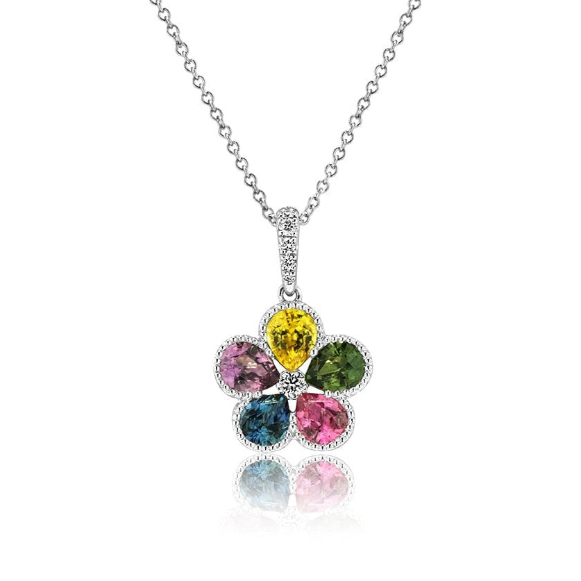Multicoloured Sapphire Flower Necklace in white Gold