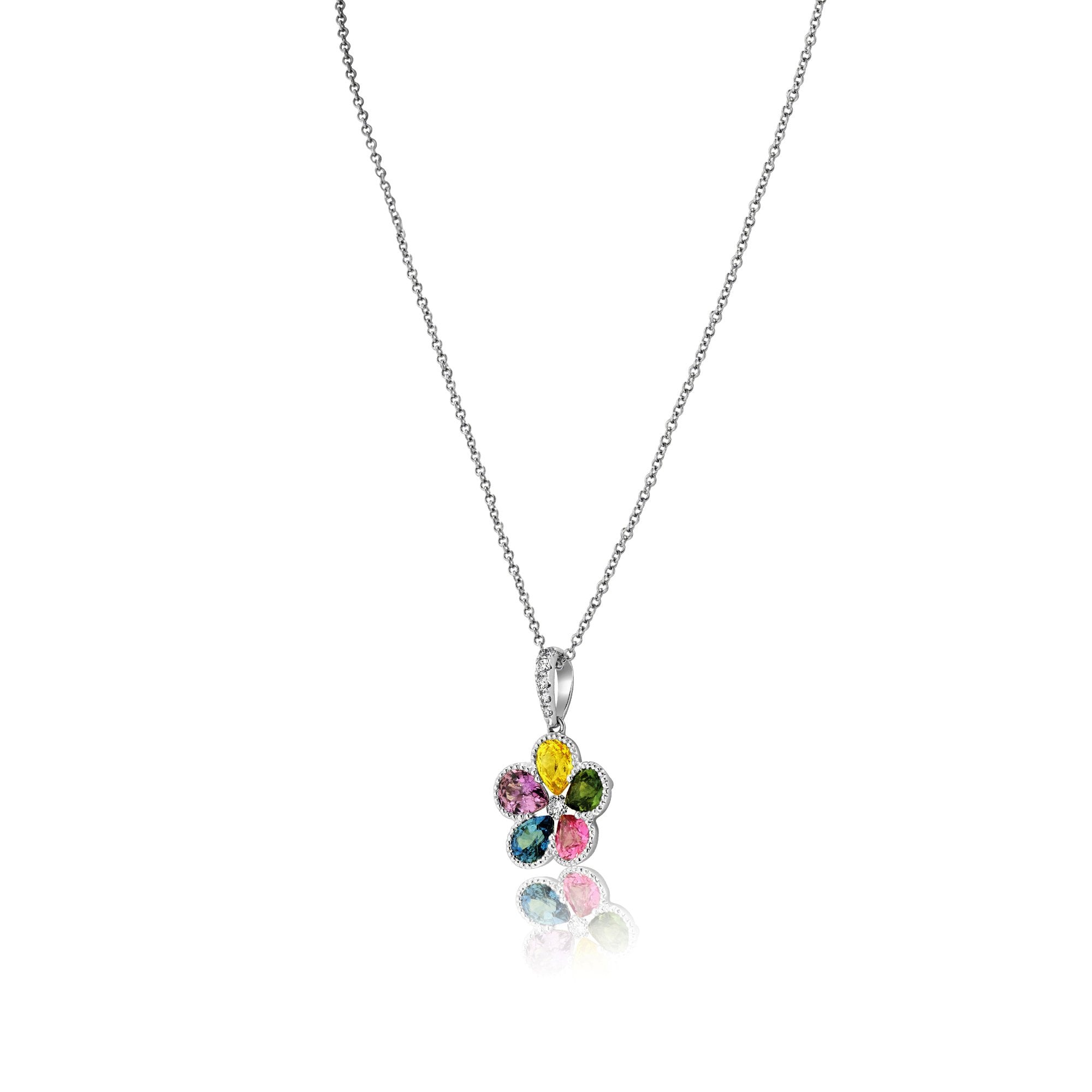 Multicoloured Sapphire Flower Necklace in white Gold