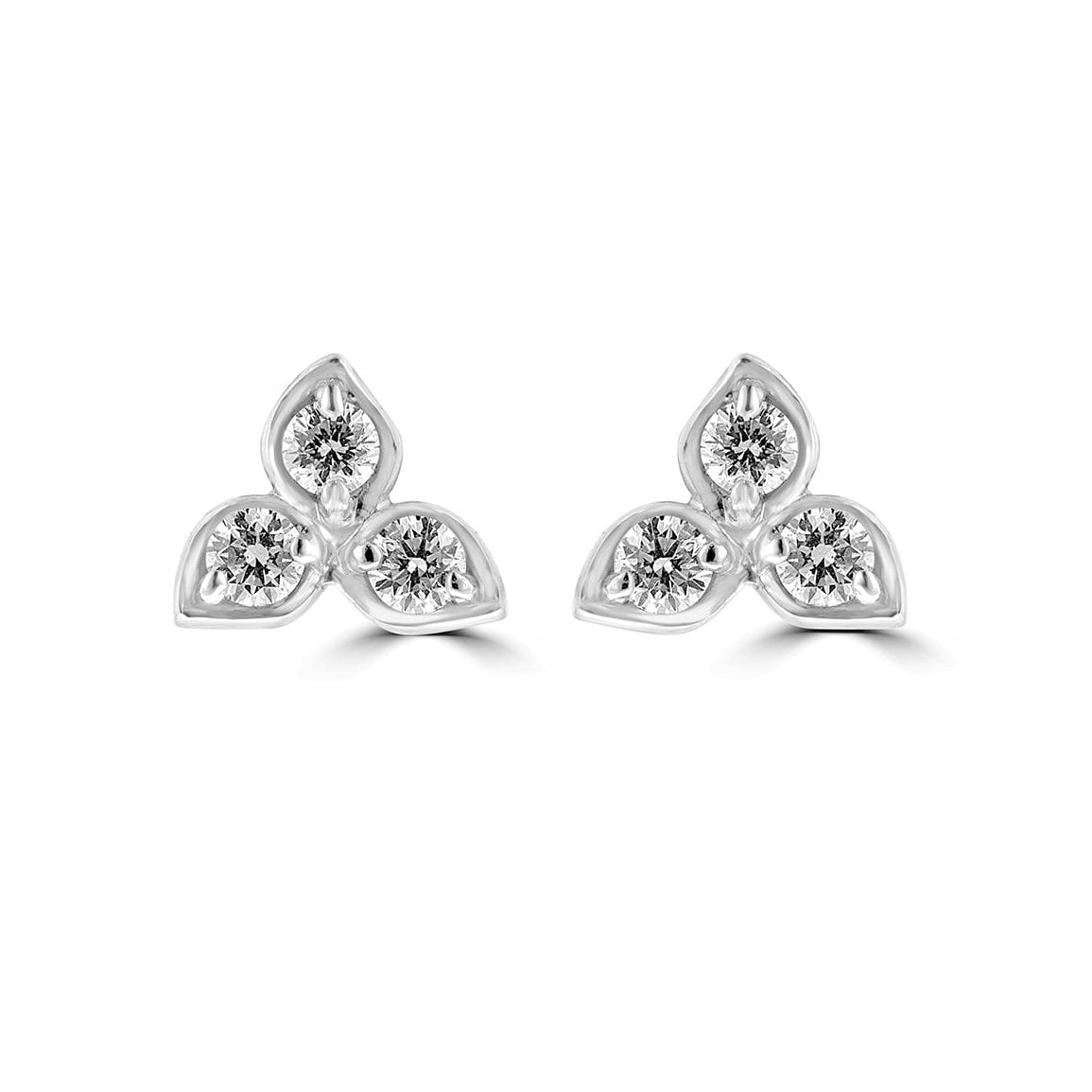 Leaf Trefoil Diamond Stud Earrings in White Gold