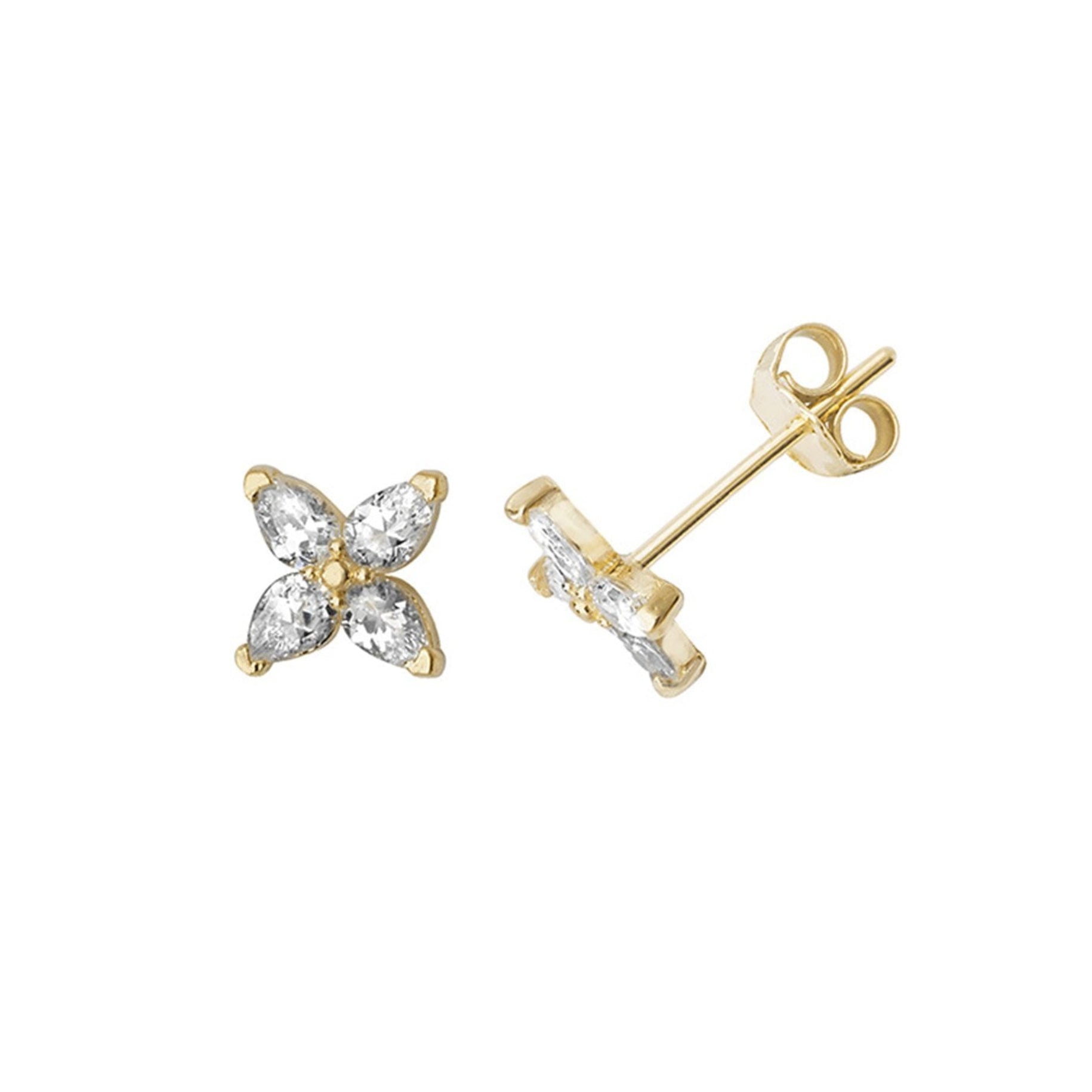 9ct Yellow Gold Flower Stud Earrings Set With Four Pear CZ 's