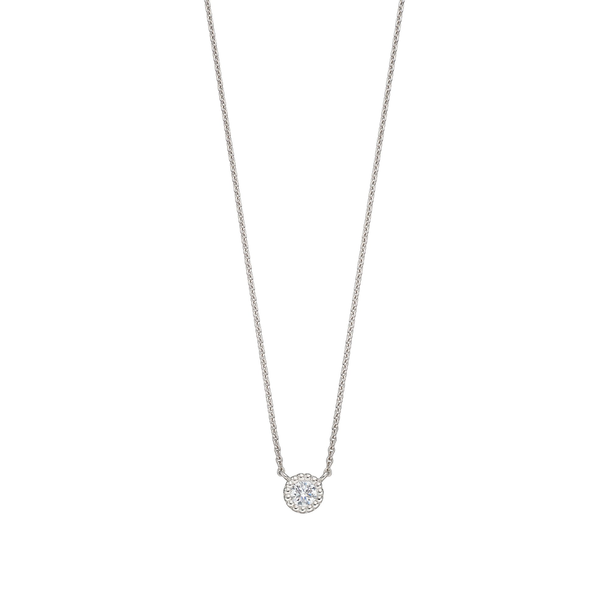 Silver Round CZ Necklace With Mill Grain Edge Necklace