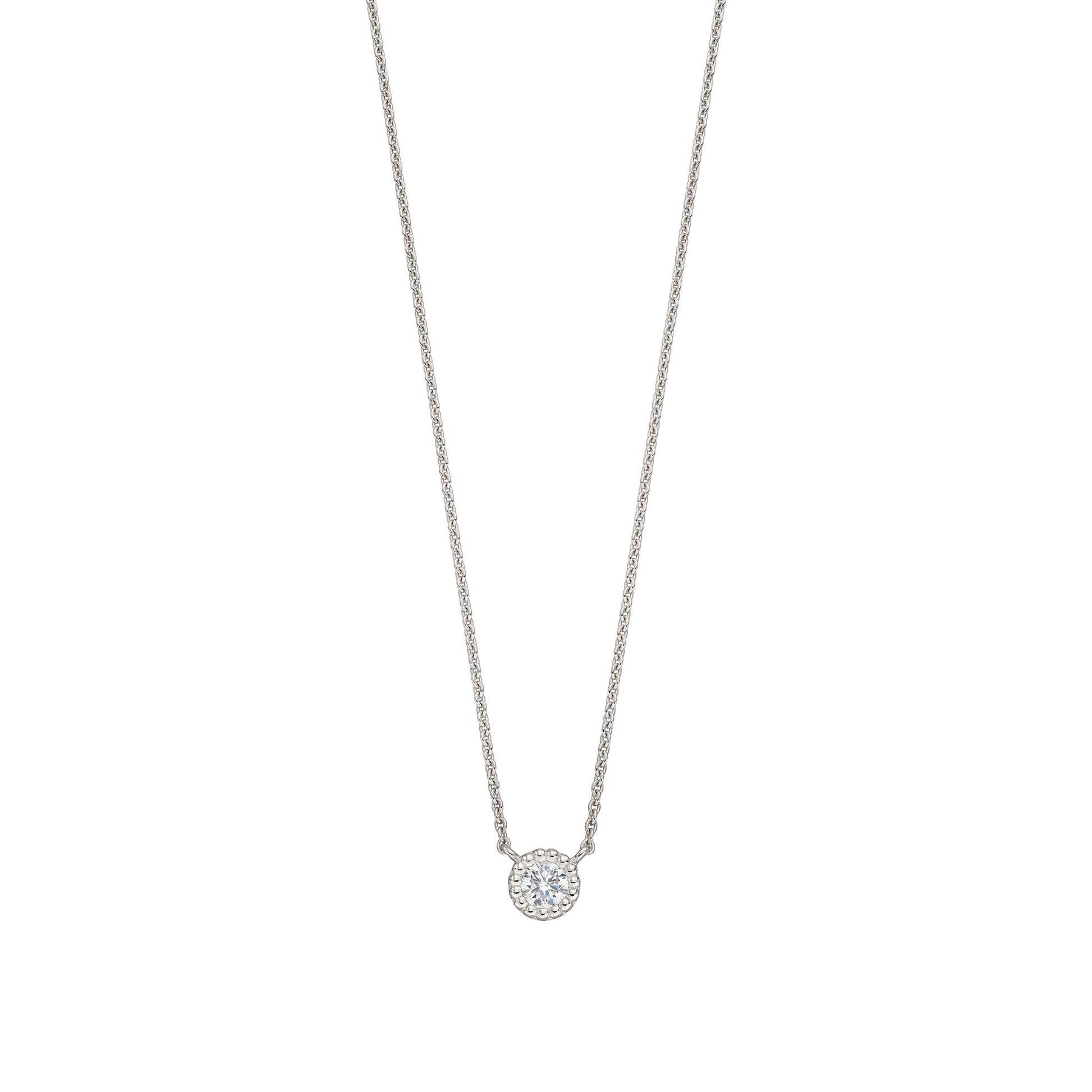 Silver Round CZ Necklace With Mill Grain Edge Necklace