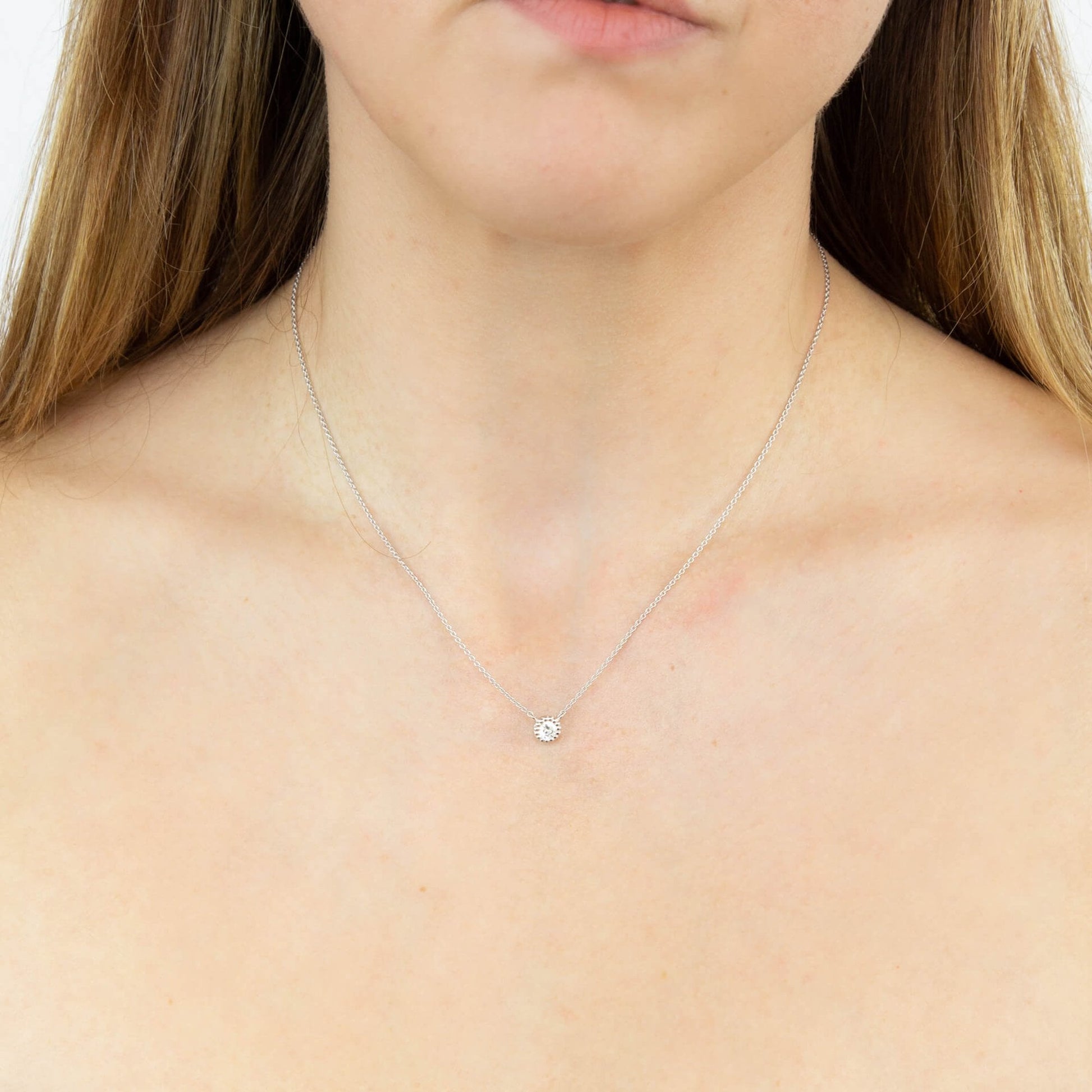 Silver Round CZ Necklace With Mill Grain Edge Necklace