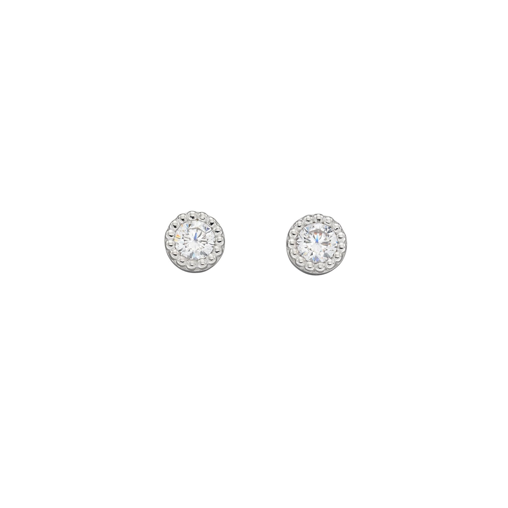 Silver Round CZ Stud Earrings With Mill Grain Edge