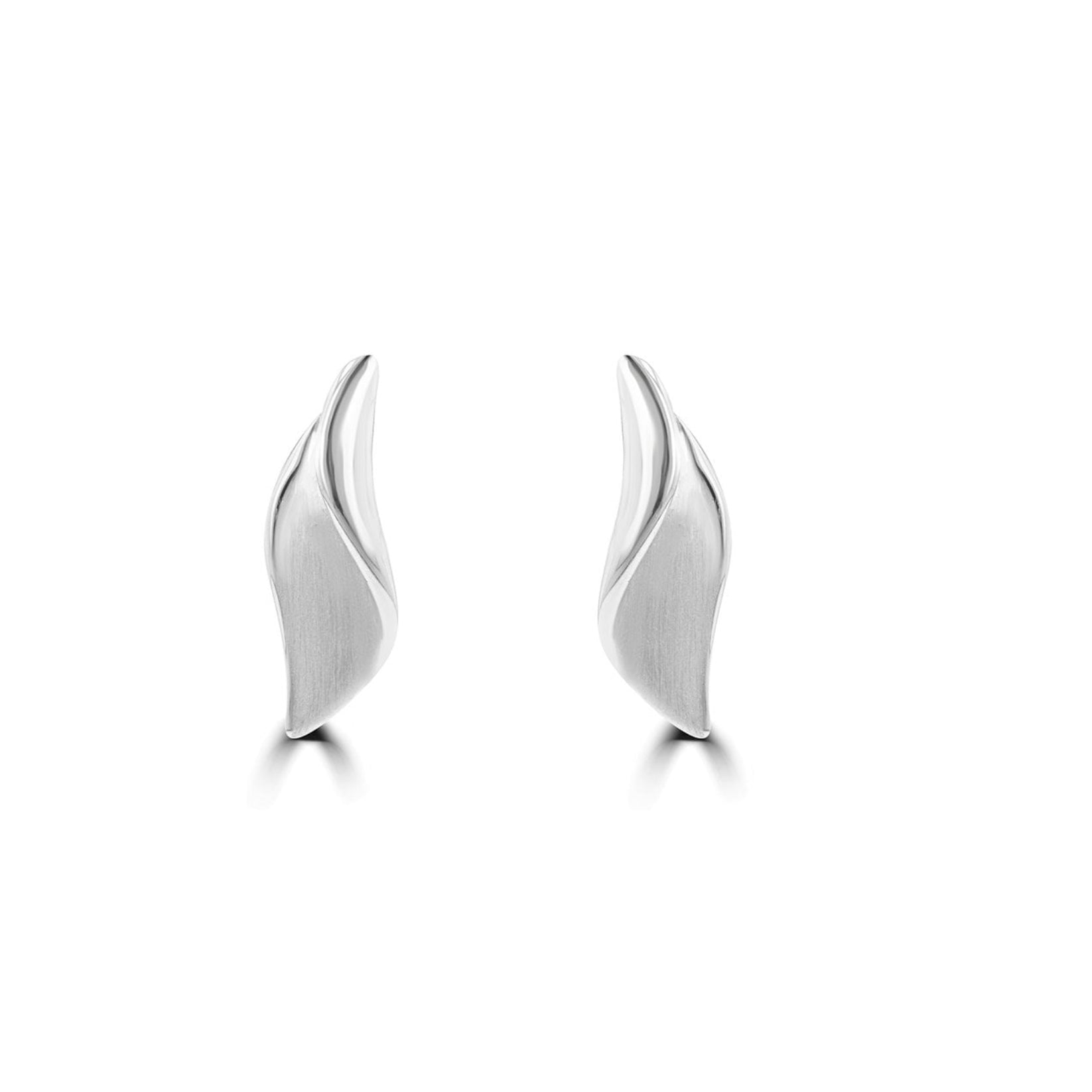 Silver Satin & Polish Curled Leaf Stud Earrings