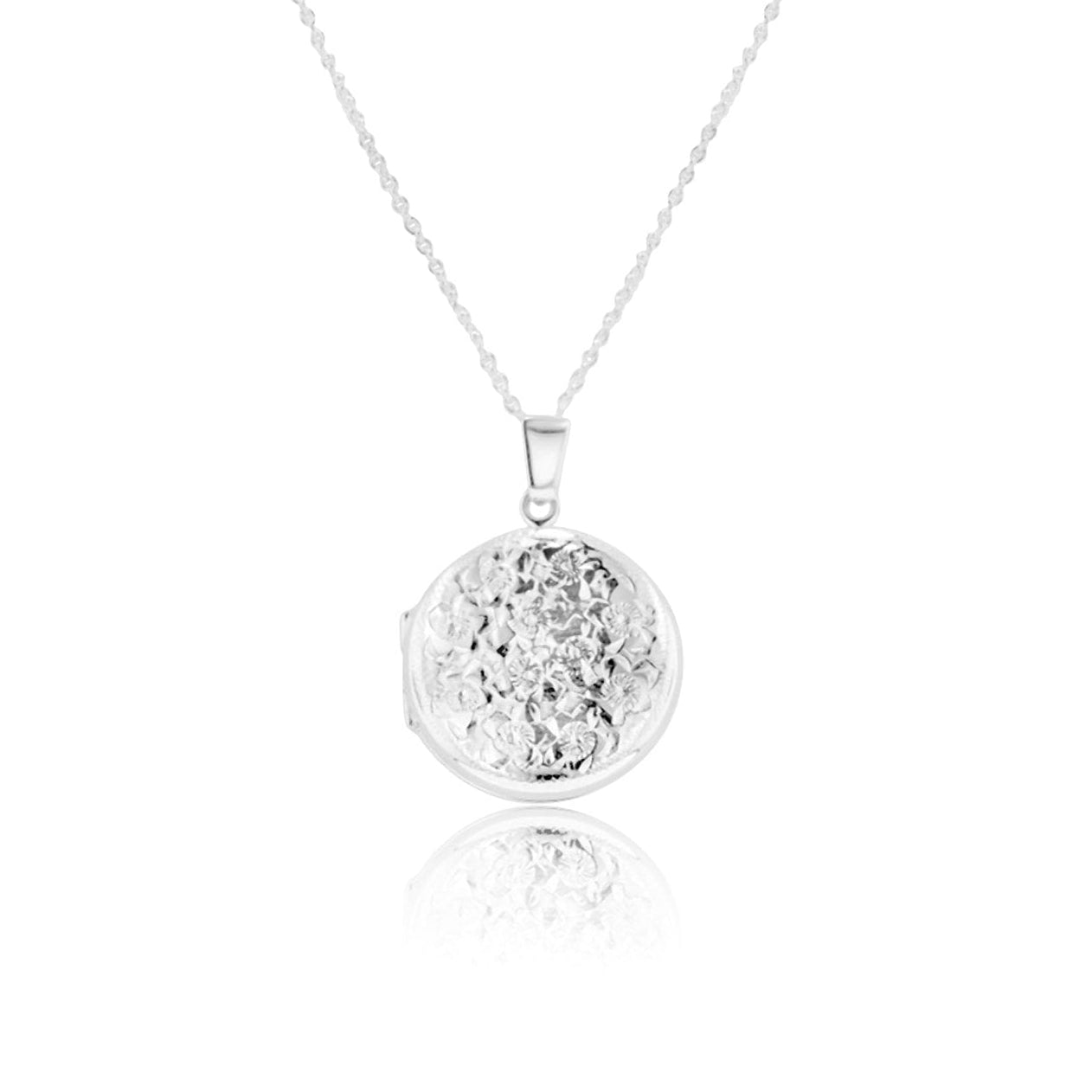 Round Silver Flower Engraved Locket Necklace