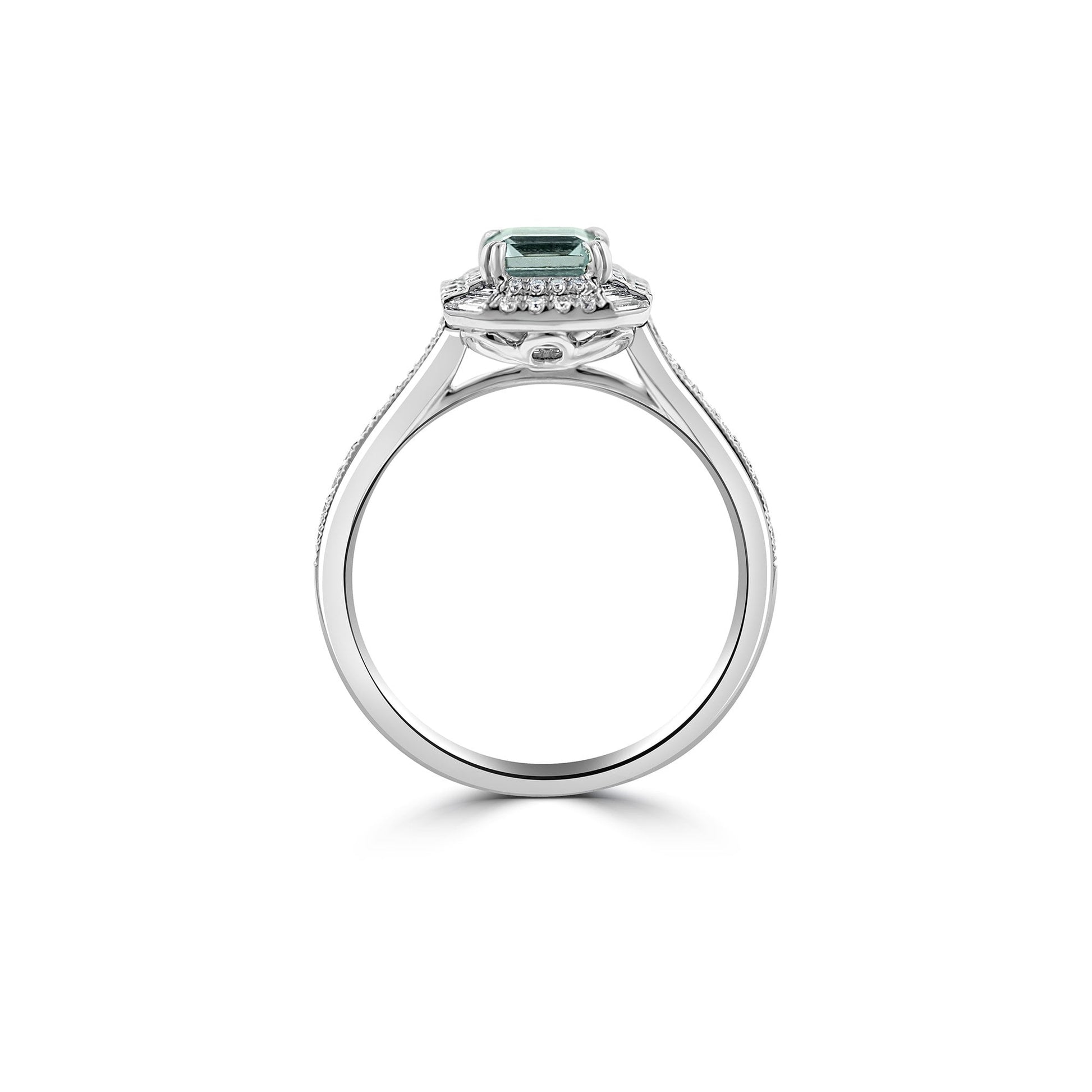 18ct White Gold Square Emerald Cut Aquamarine with Diamond Halo Ring