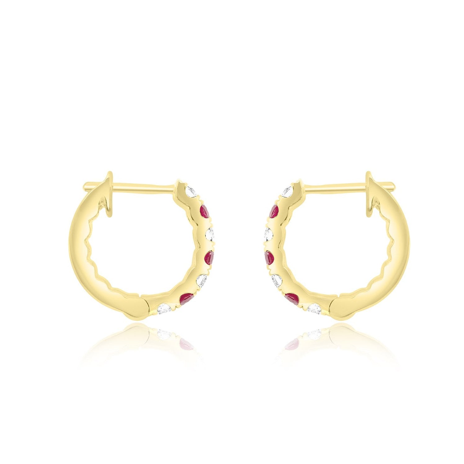18ct Yellow Gold Ruby and Diamond Hinged Huggie Hoop Earrings