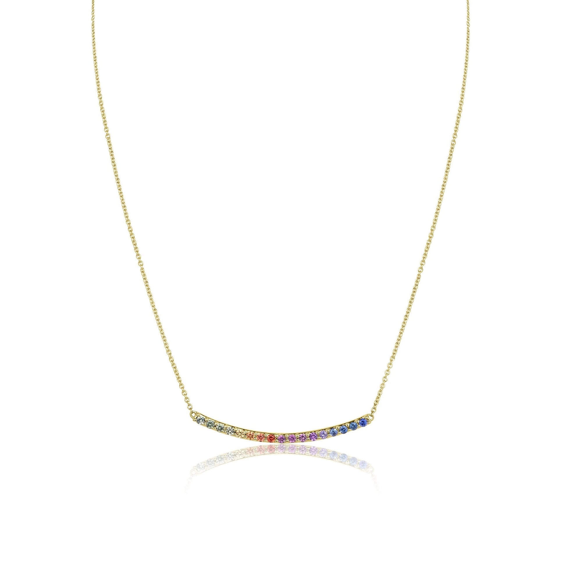 18ct Yellow Gold Rainbow Sapphire Curved Bar Necklace
