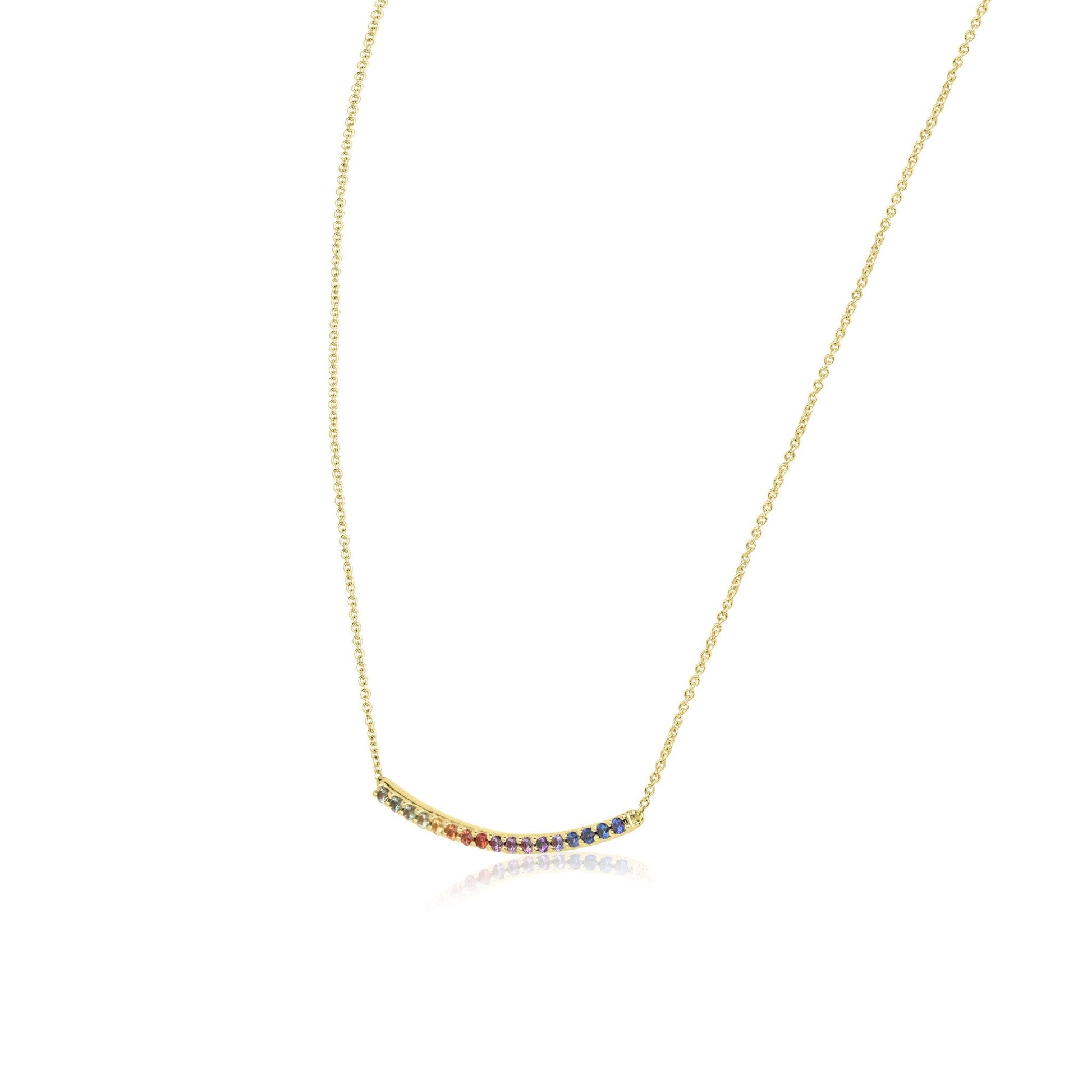 18ct Yellow Gold Rainbow Sapphire Curved Bar Necklace