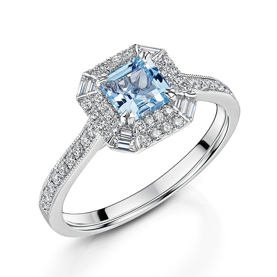 18ct White Gold Square Emerald Cut Aquamarine with Diamond Halo Ring