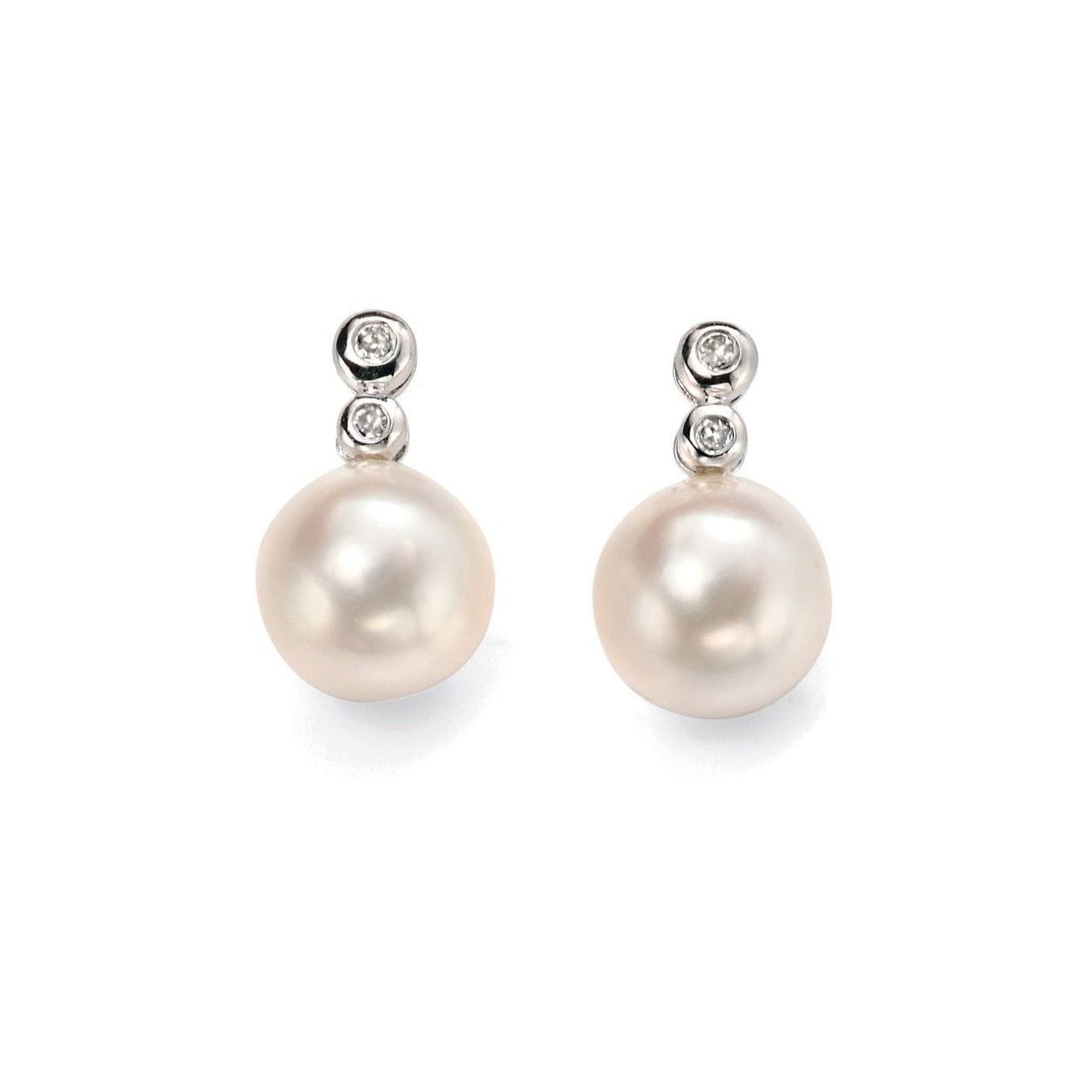 9ct White Gold Pearl Stud Earring with Two Rubover Set Diamonds