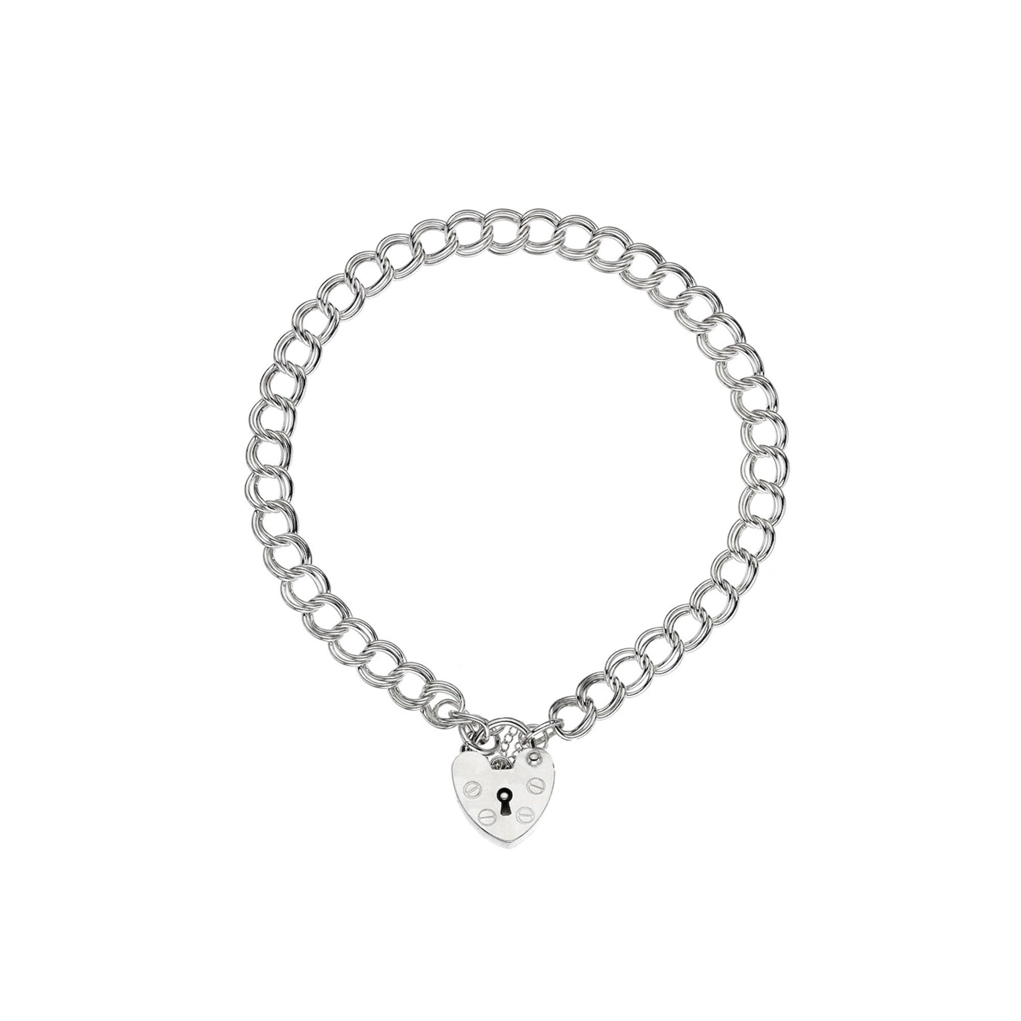 Sterling Silver Double Curb Charm Bracelet With Padlock and Key