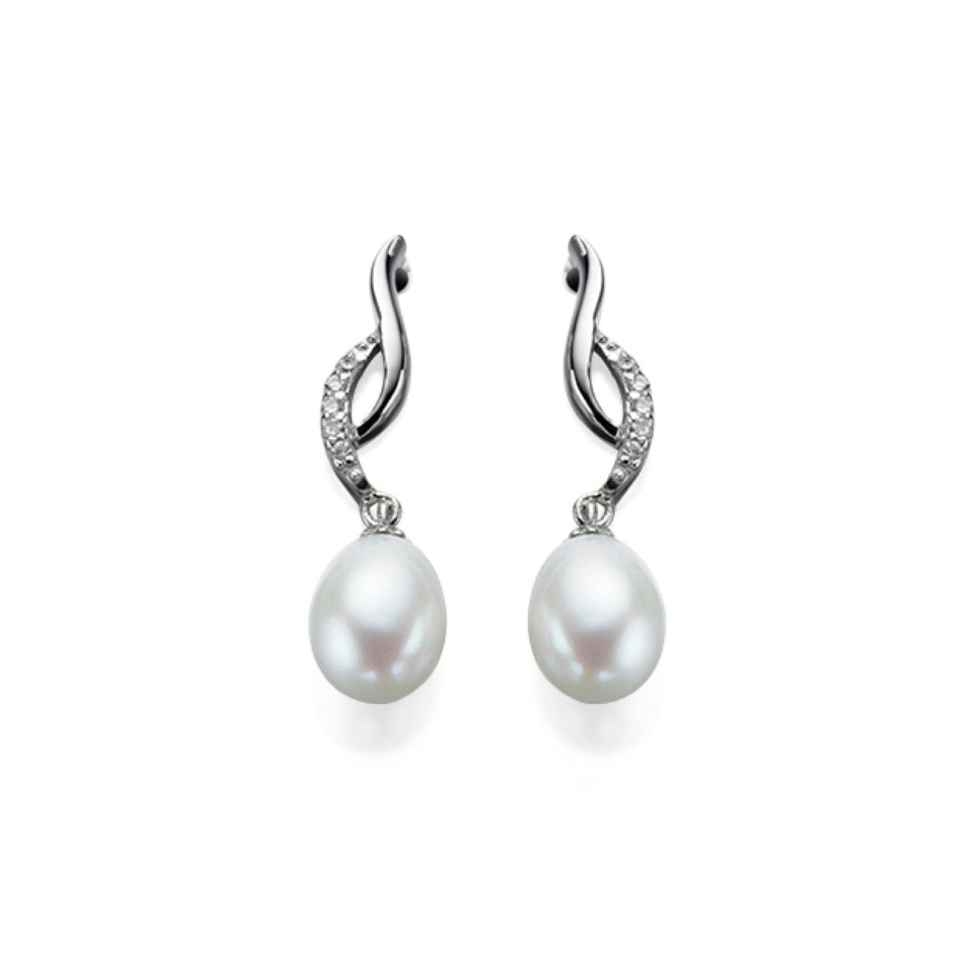 Silver Freshwater Pearl Drop Earring with Pave Cubic Zirconia Wave Top