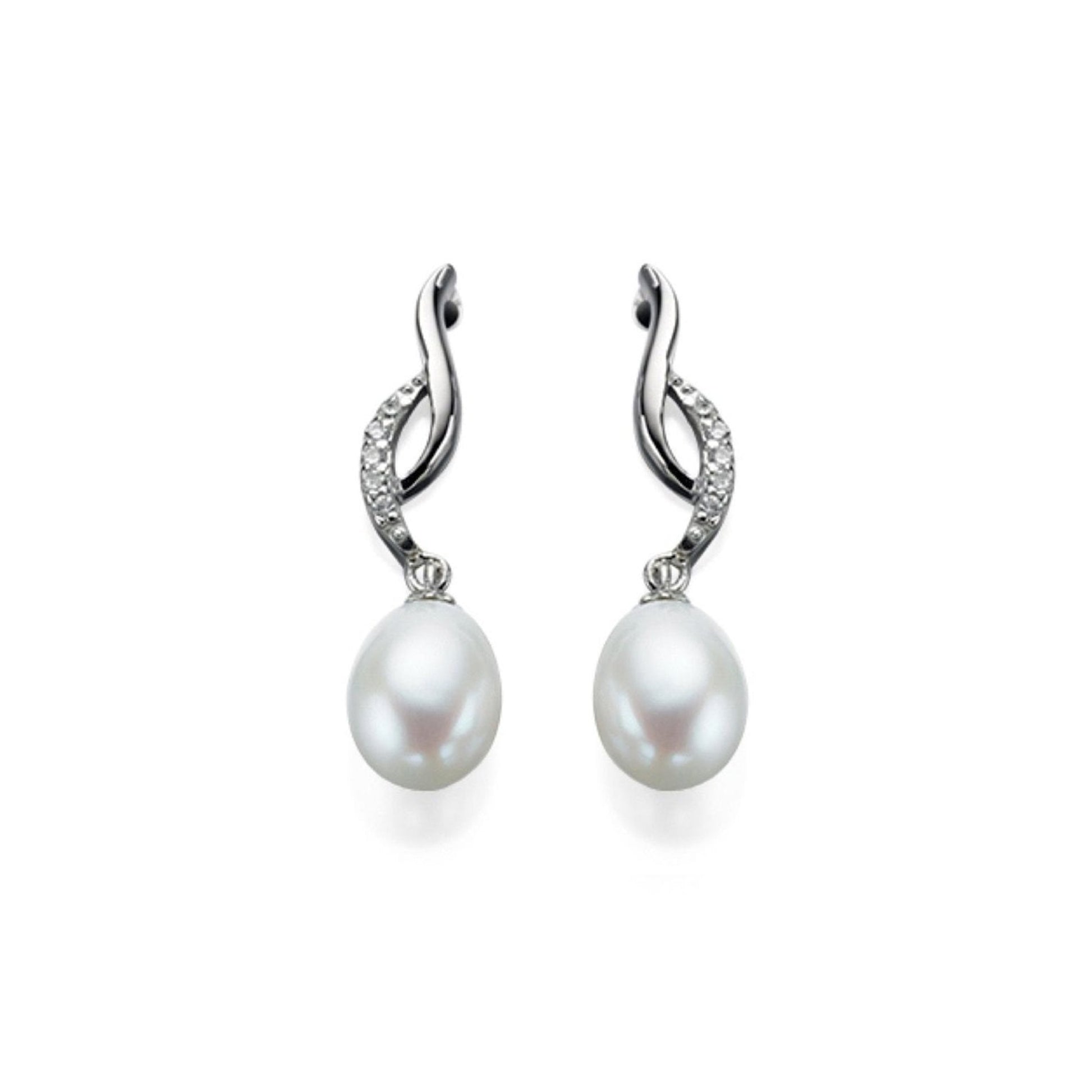 Silver Freshwater Pearl Drop Earring with Pave Cubic Zirconia Wave Top
