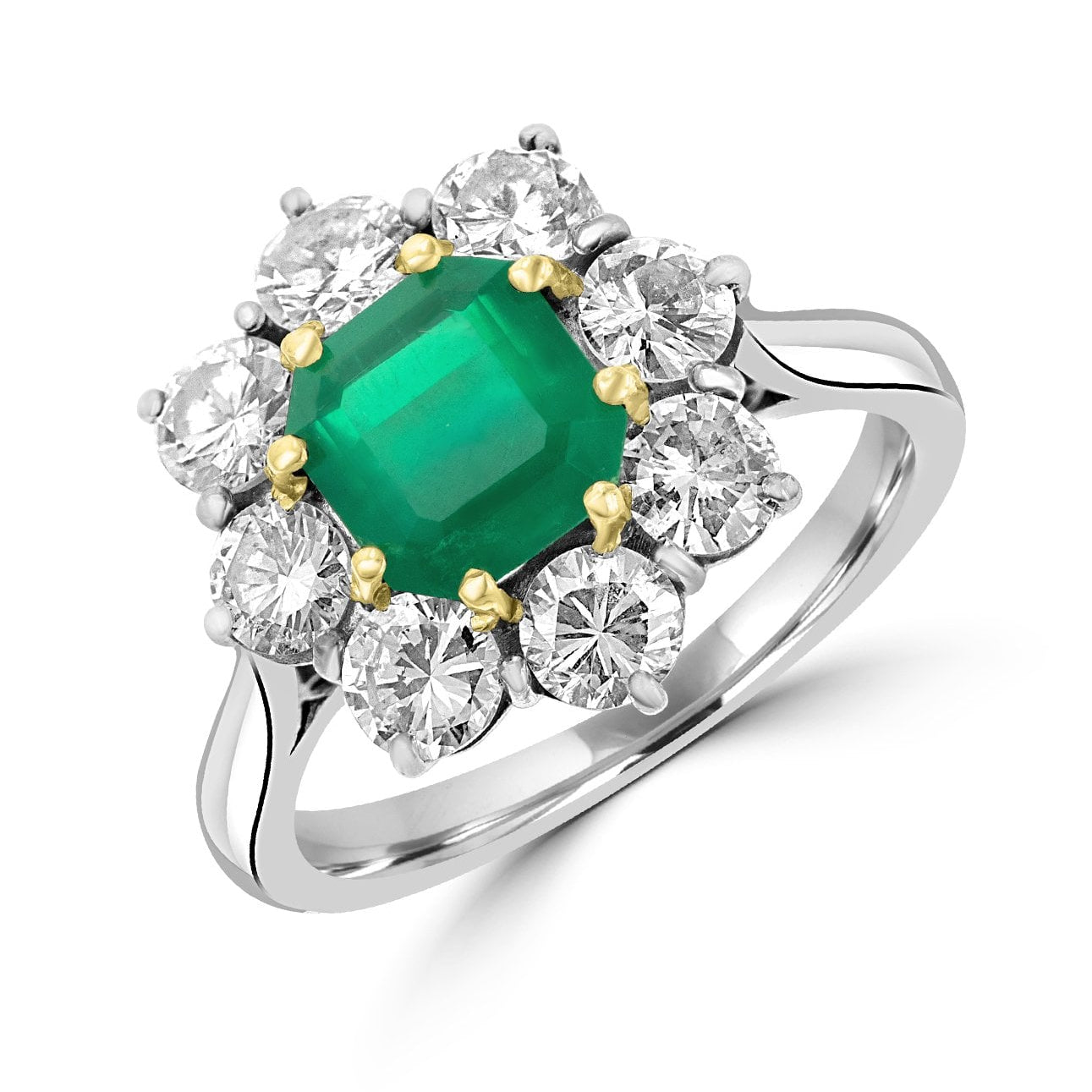 18ct White Gold Emerald and Diamond Cluster Pre-Owned Ring