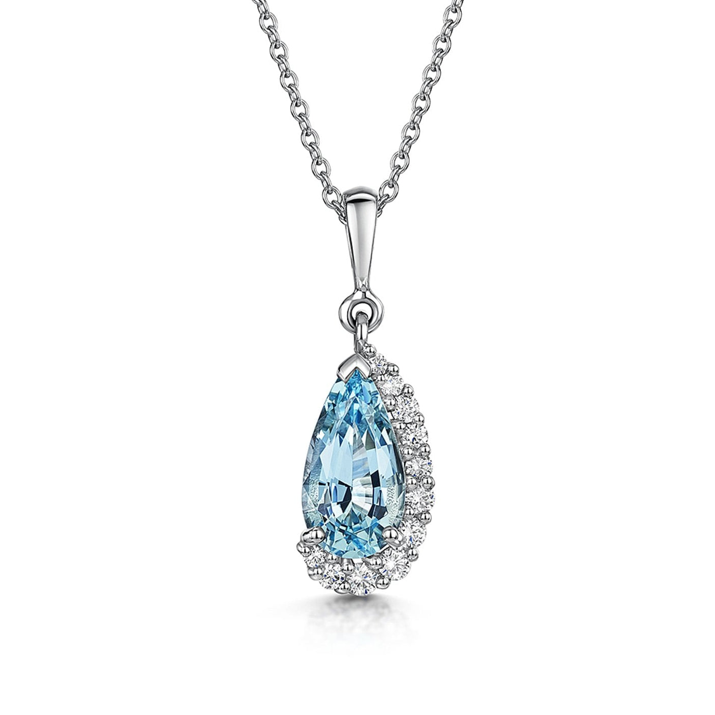 Unique 18ct White Gold Aquamarine & Crescent Halo Diamond Pendant & Chain