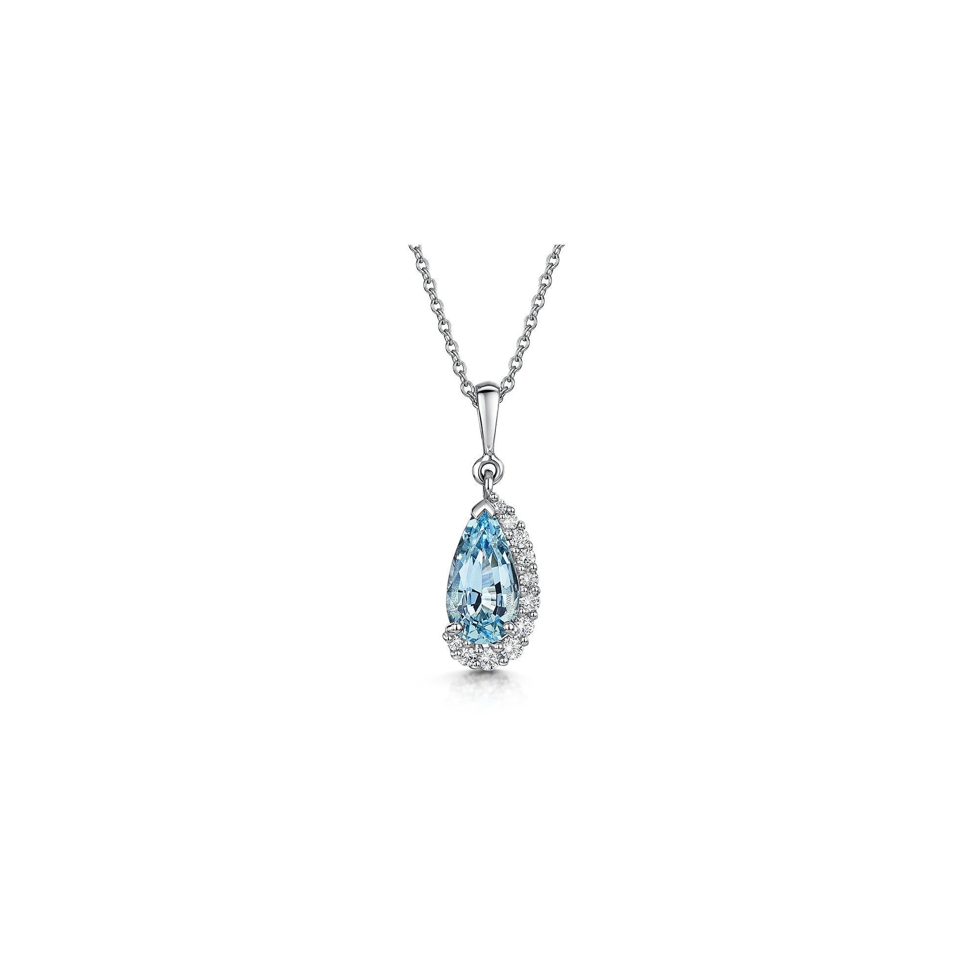 Unique 18ct White Gold Aquamarine & Crescent Halo Diamond Pendant & Chain