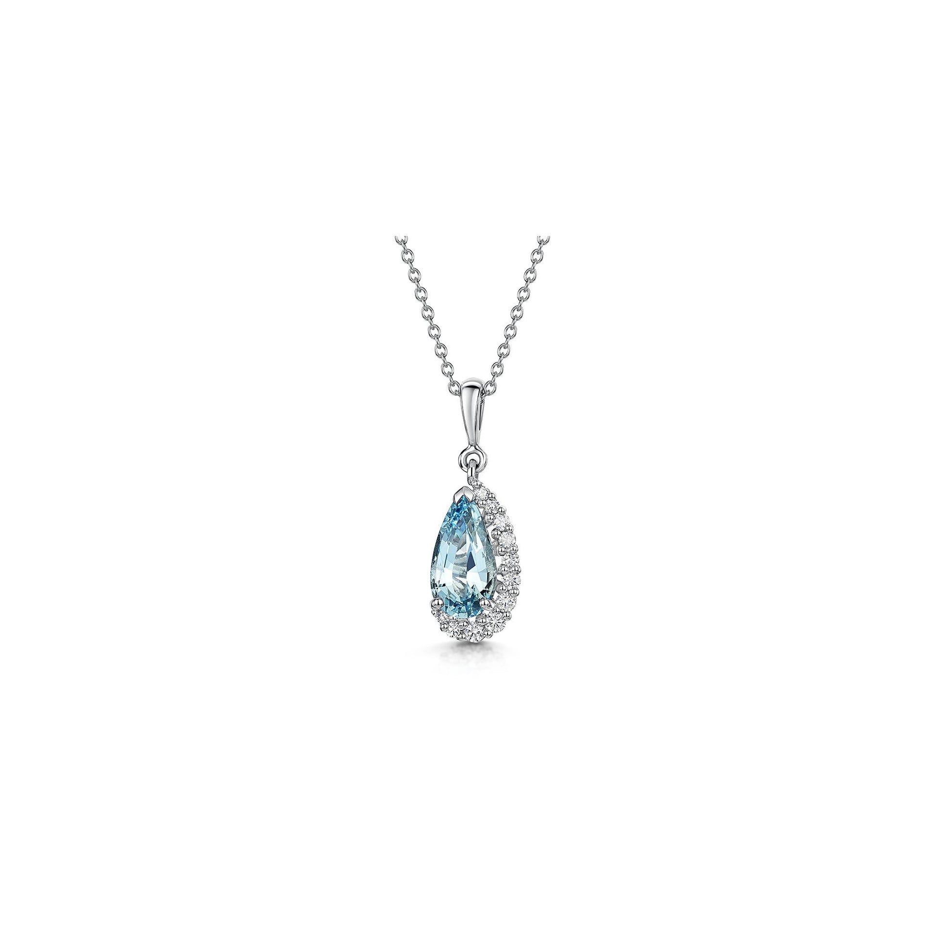 Unique 18ct White Gold Aquamarine & Crescent Halo Diamond Pendant & Chain