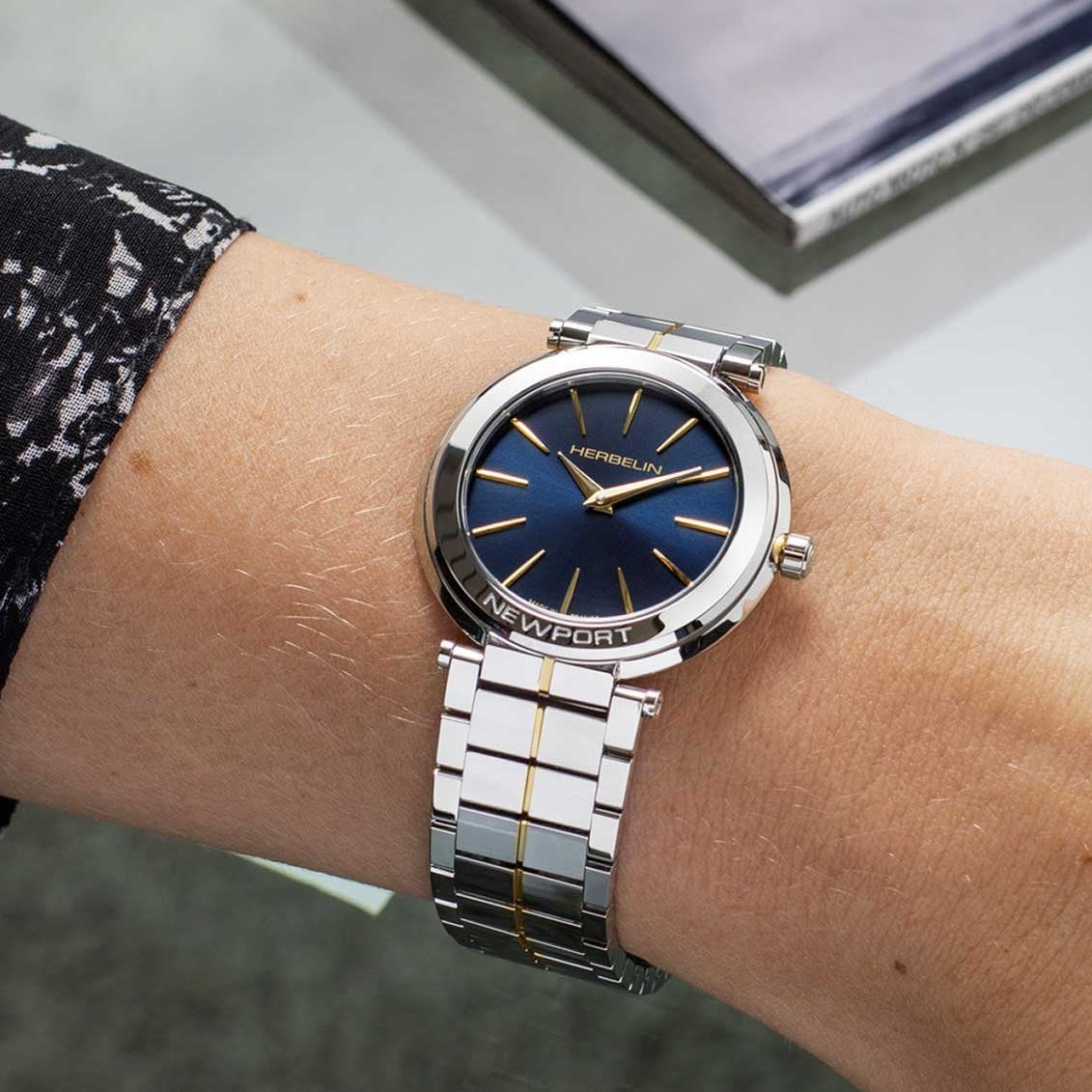 Women's Herbelin Newport Slim Steel Watch with a Round Dark Blue Dial