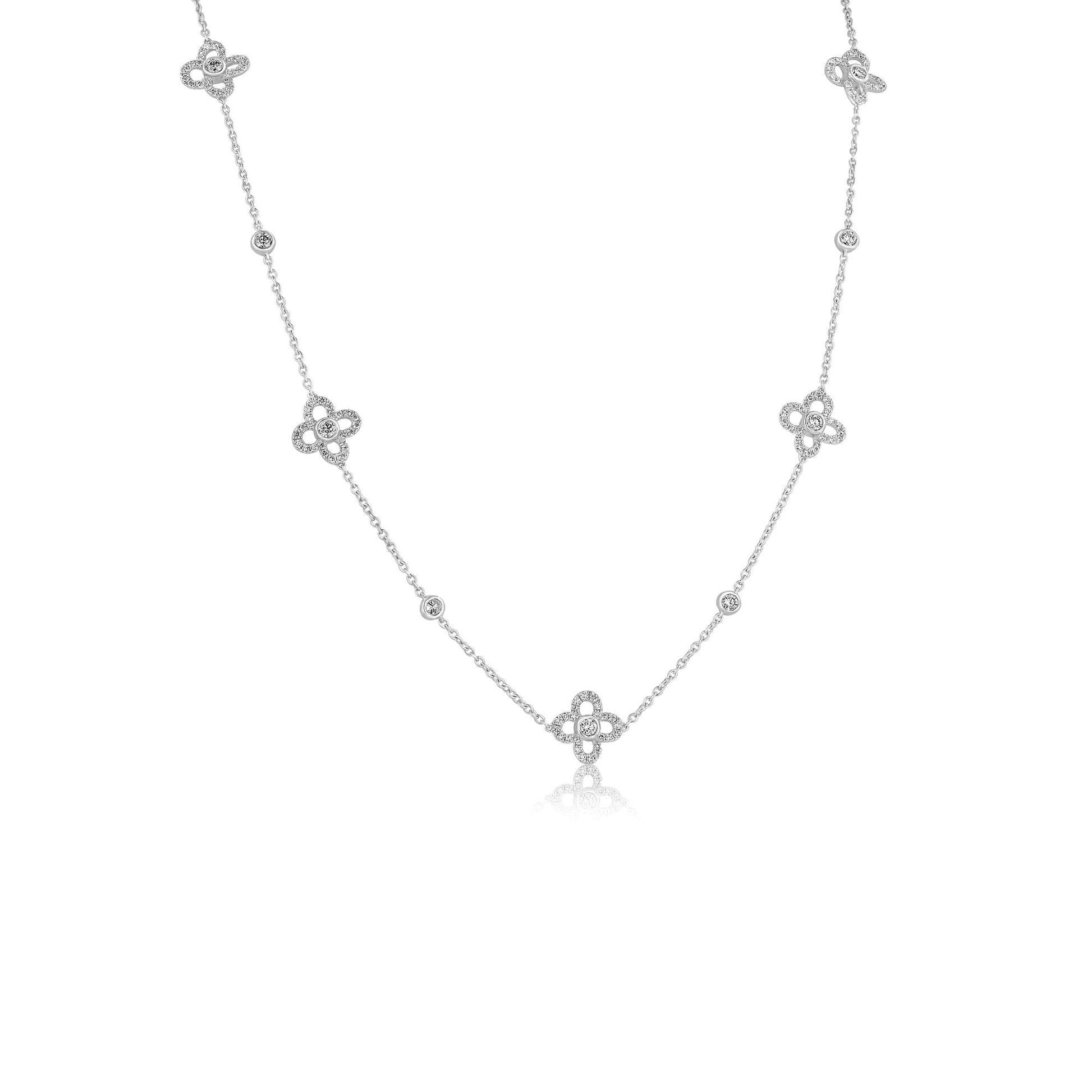 18ct White Gold Necklace With Five Diamond Set Flowers Spaced on The Chain