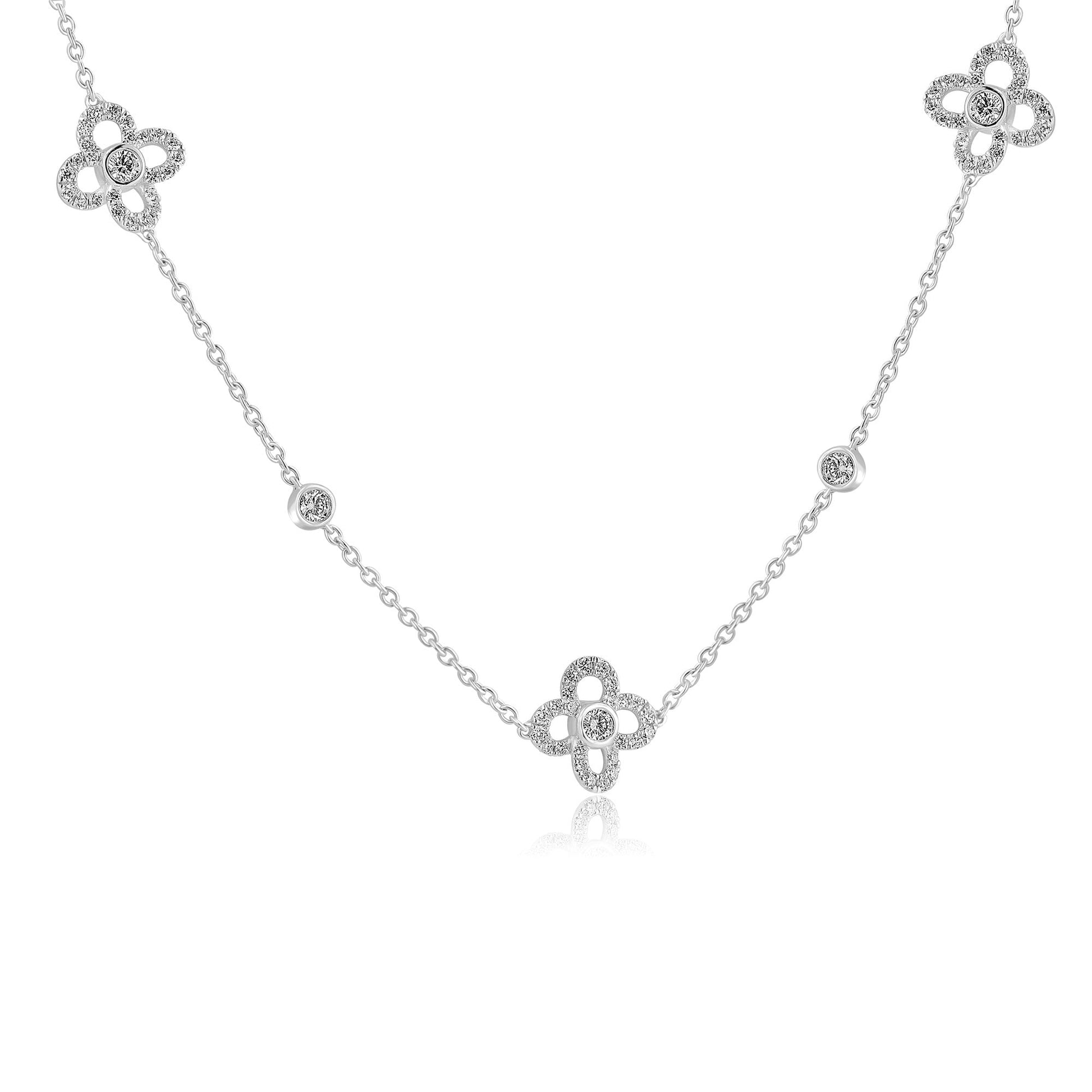 18ct White Gold Necklace With Five Diamond Set Flowers Spaced on The Chain