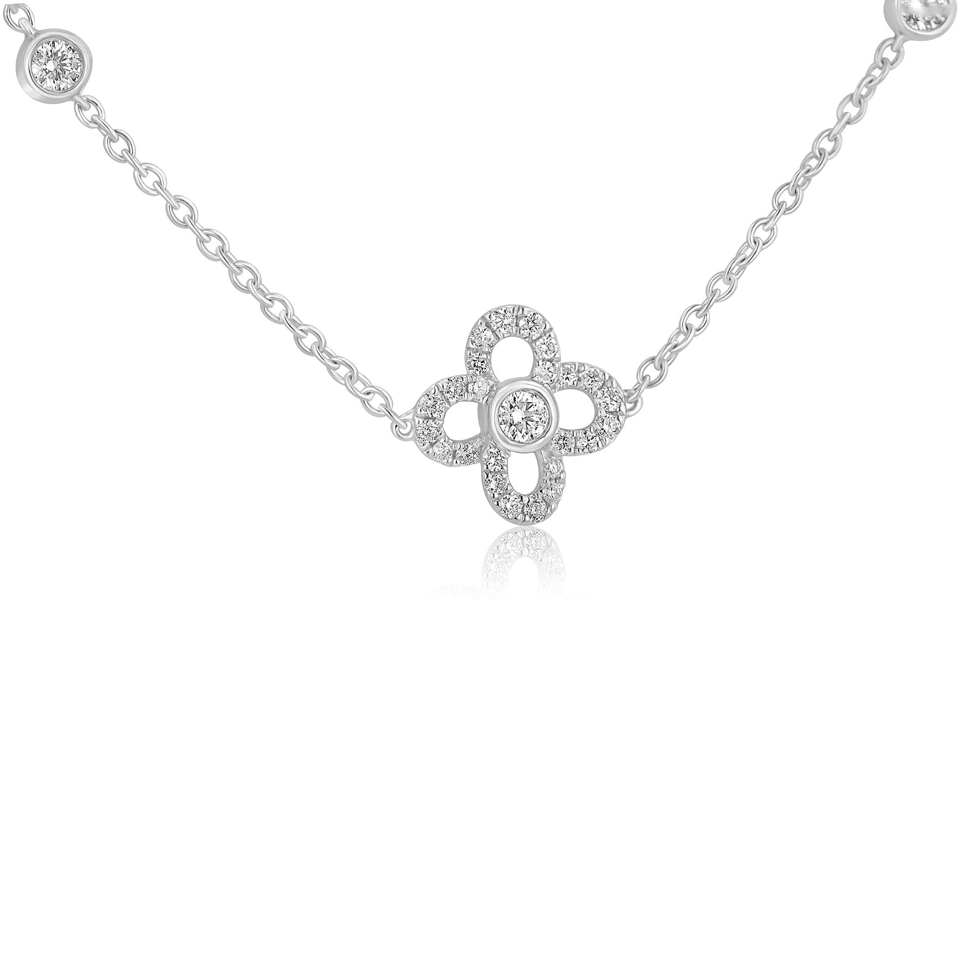 18ct White Gold Necklace With Five Diamond Set Flowers Spaced on The Chain