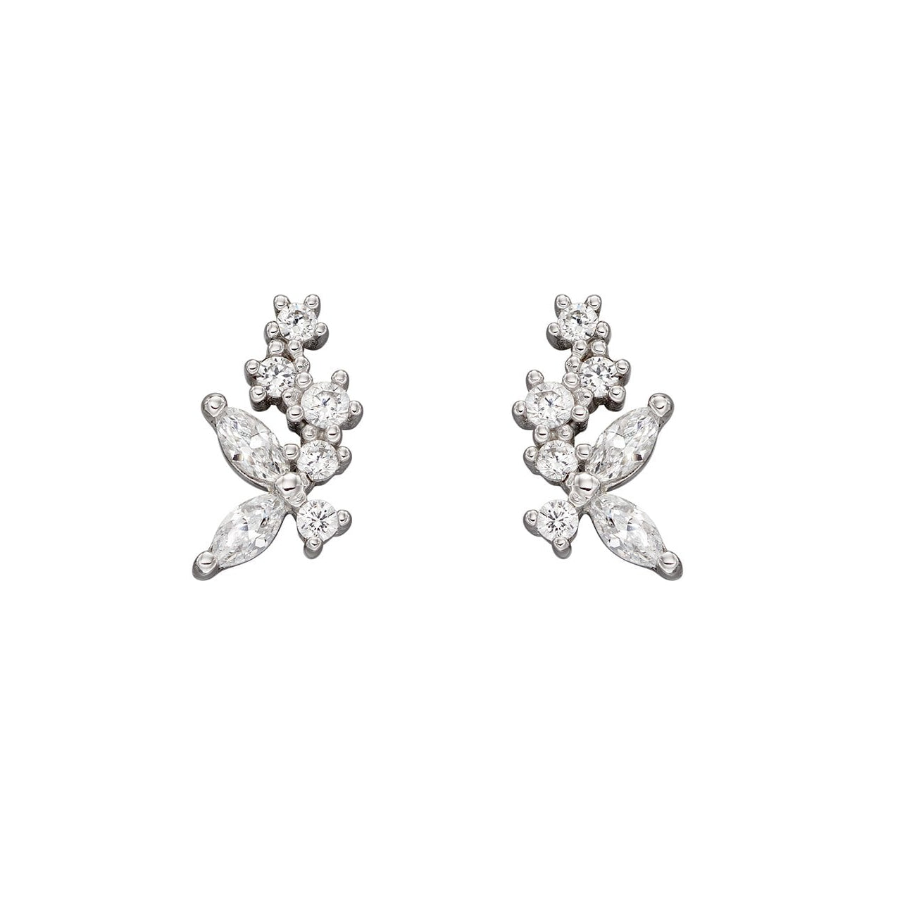 Small Rhodium Plated Silver Scattered Flower CZ Stud Earrings