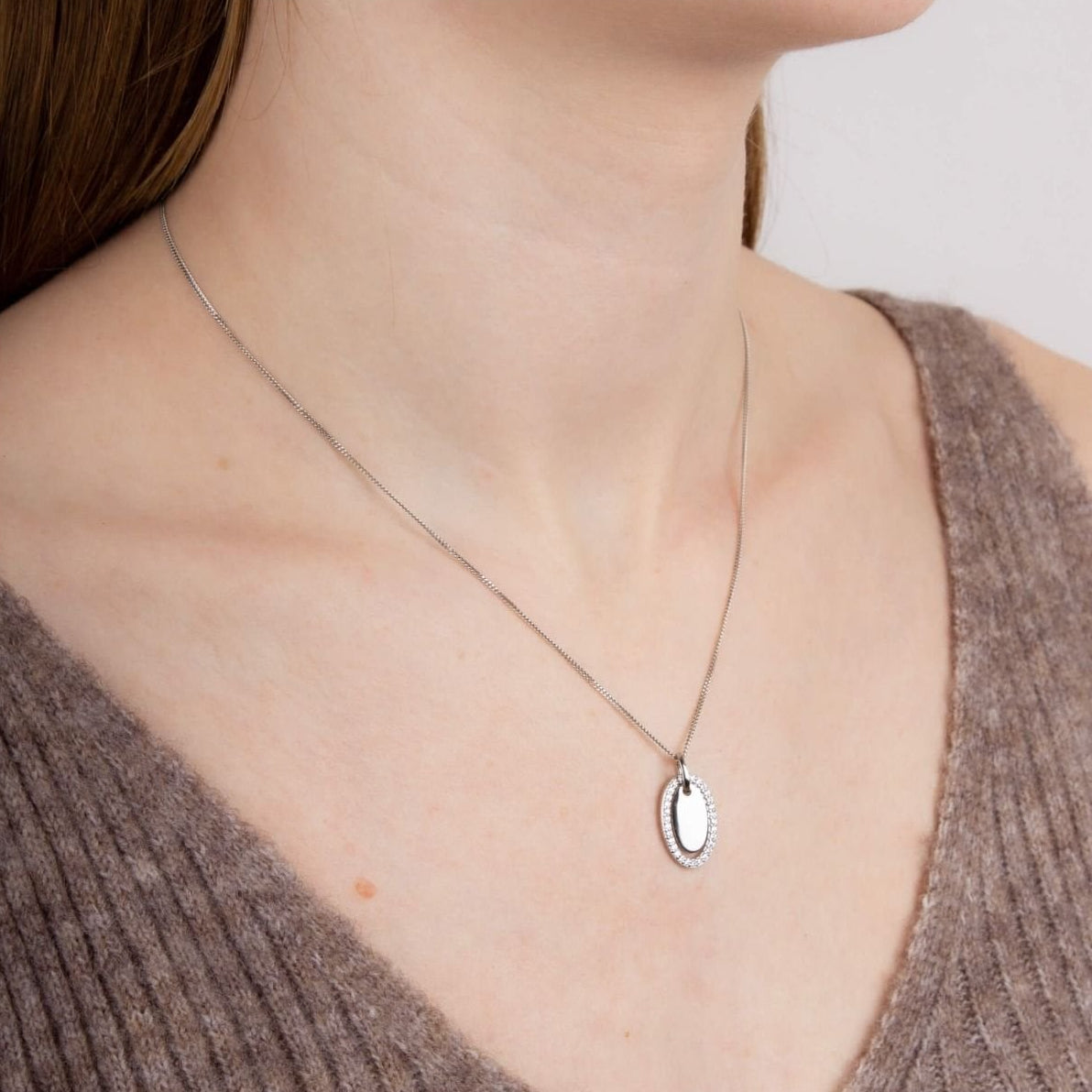 Silver Double Oval Cubic Zirconia Necklace