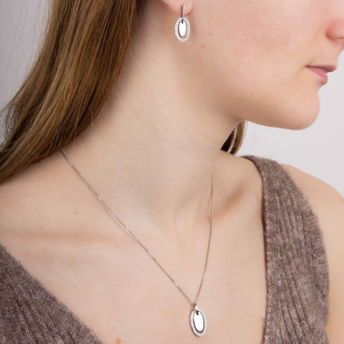 Silver Double Oval Cubic Zirconia Necklace