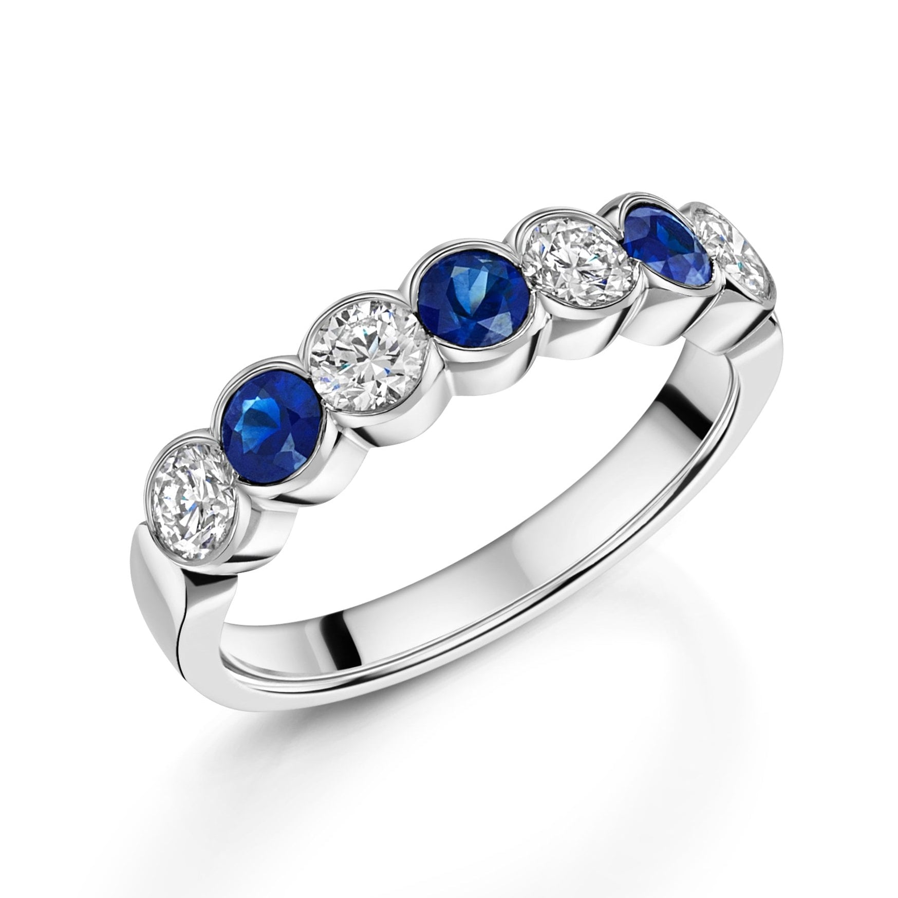 Platinum 0.59ct Round Sapphire and 0.67ct Round Diamond Seven Stone Scalloped Band Ring
