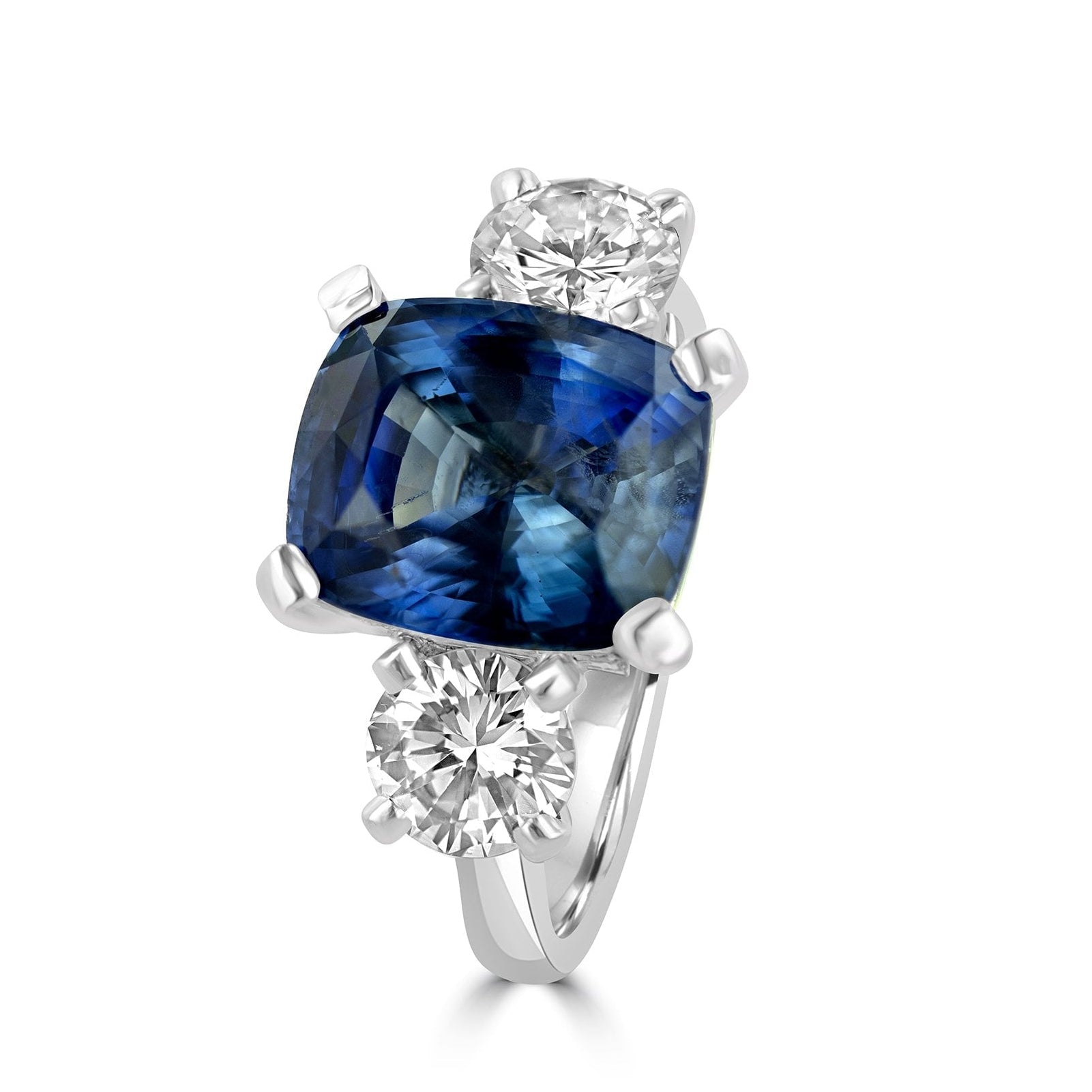 6.21ct Cushion Cut Sapphire and Round Diamond Three Stone Ring