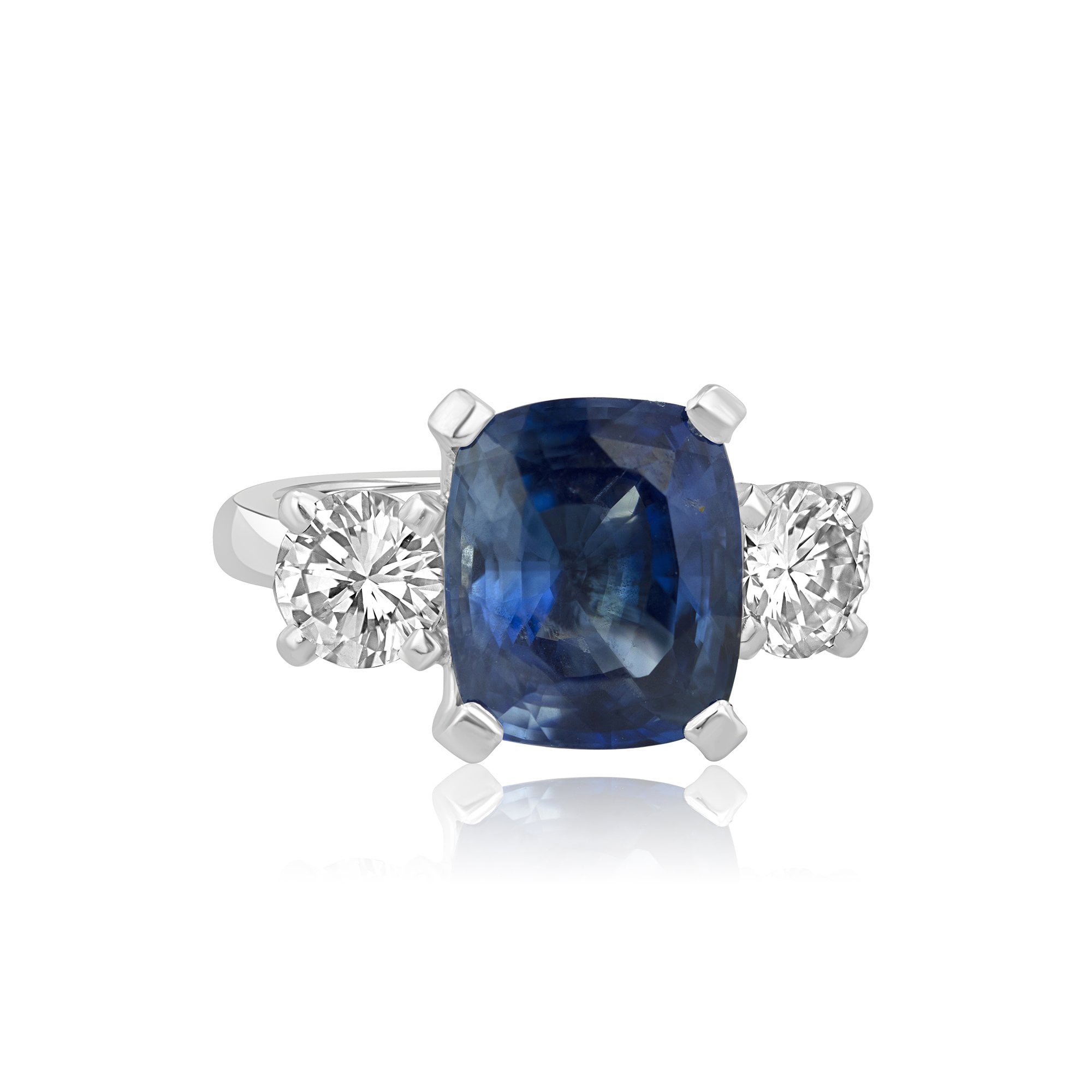 6.21ct Cushion Cut Sapphire and Round Diamond Three Stone Ring