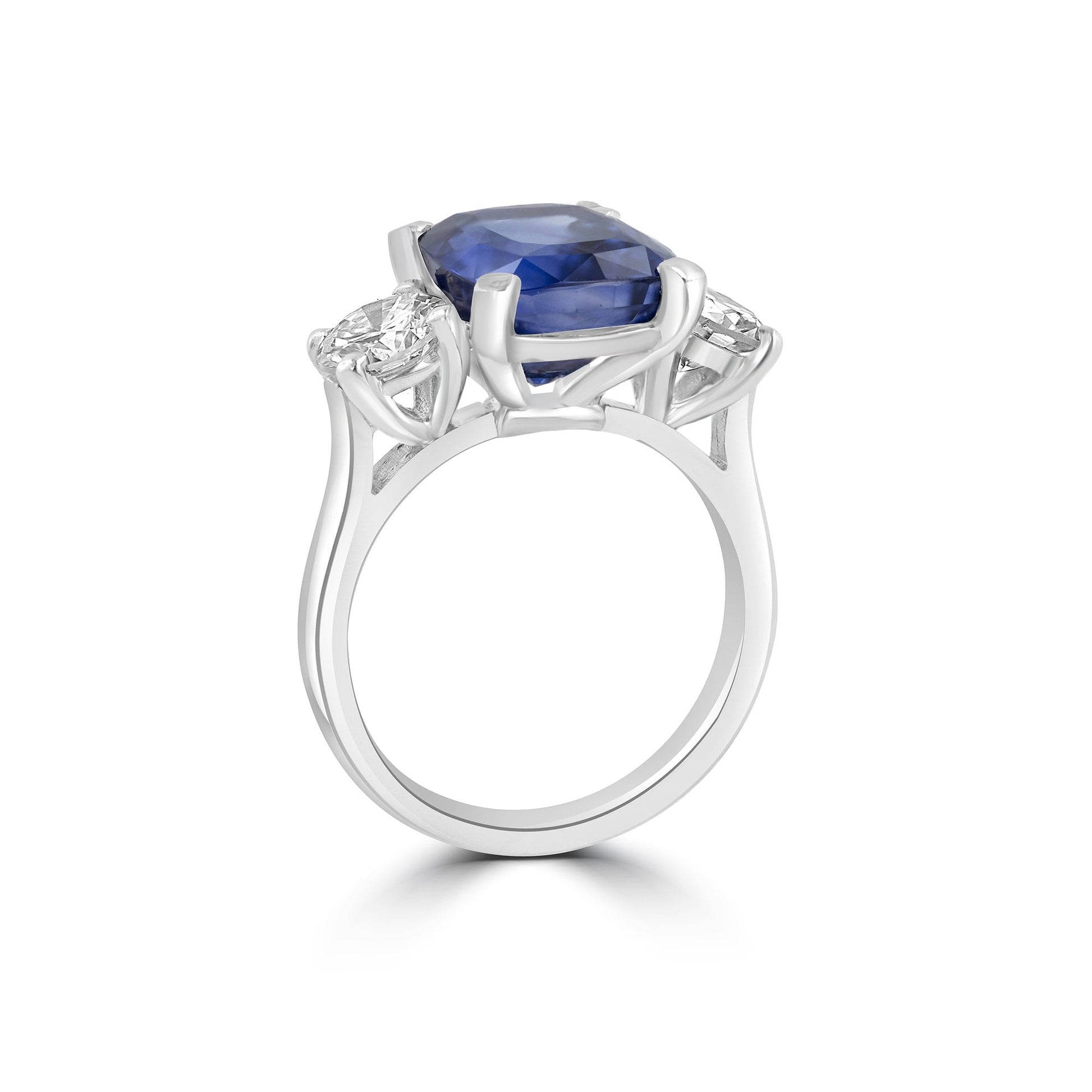 6.21ct Cushion Cut Sapphire and Round Diamond Three Stone Ring