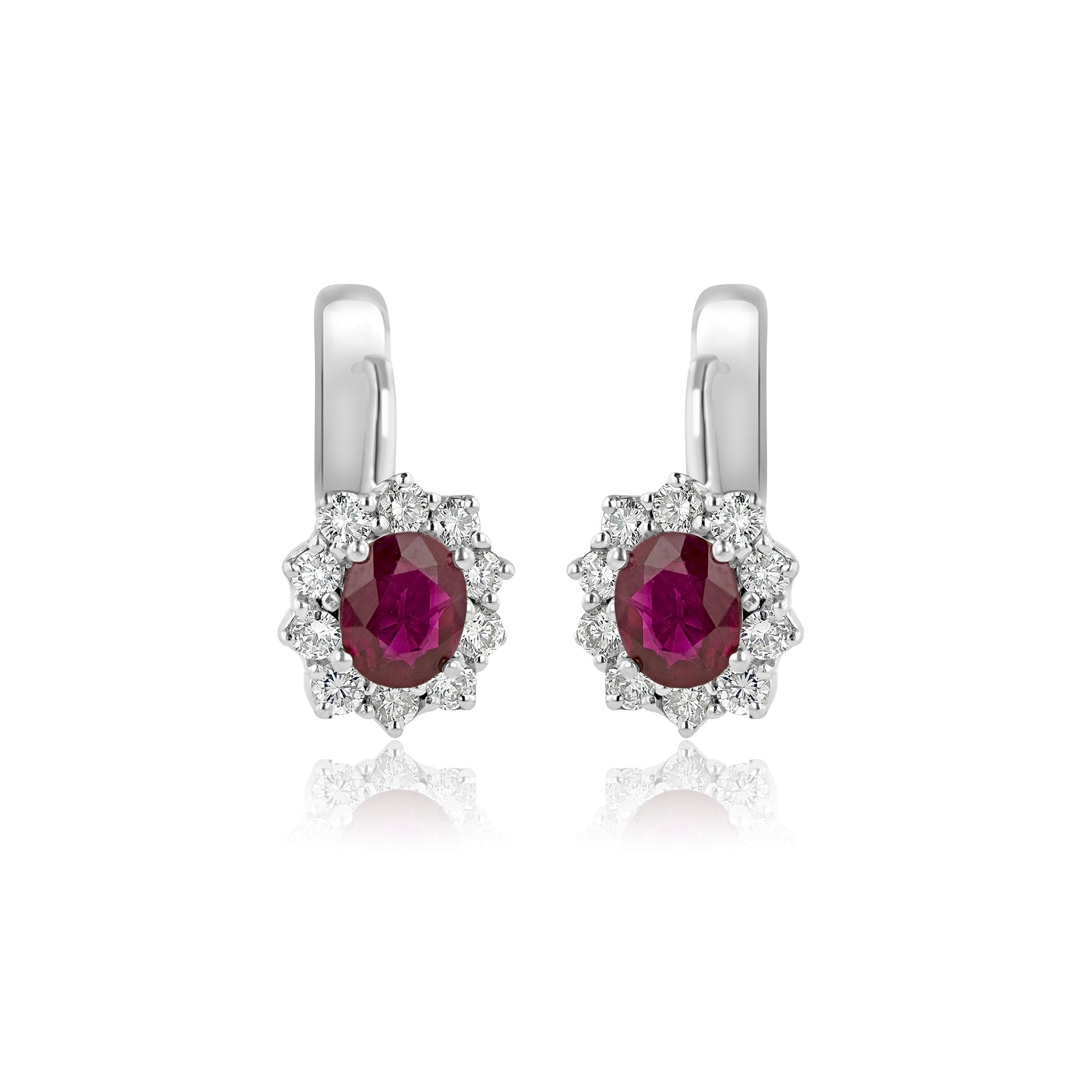 18ct White Gold Ruby and Diamond Cluster Huggie Drop Pre-Owned Earrings