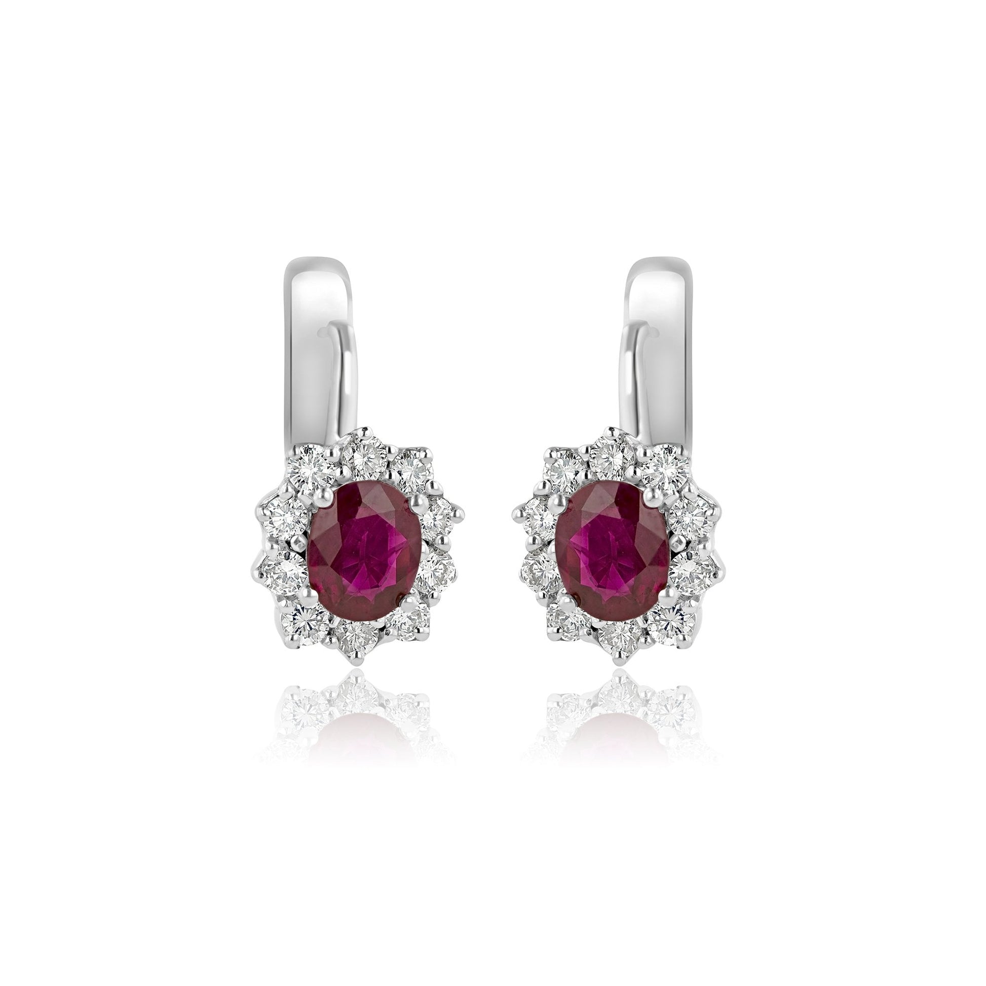 18ct White Gold Ruby and Diamond Cluster Huggie Drop Pre-Owned Earrings