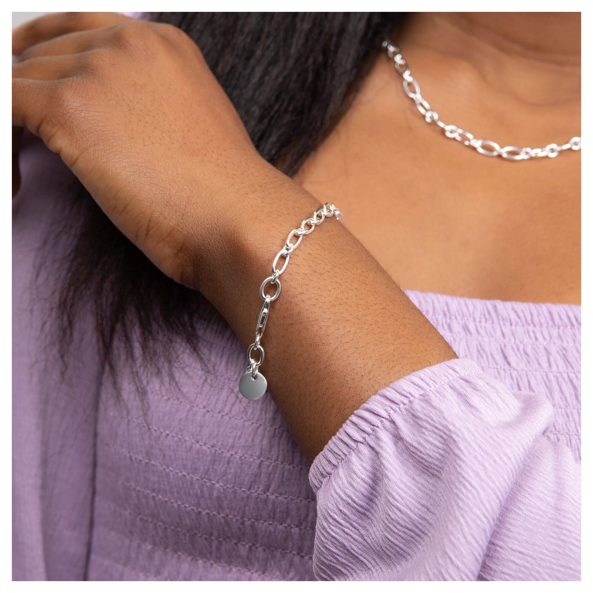 Silver Long Link Chain Bracelet With Tag