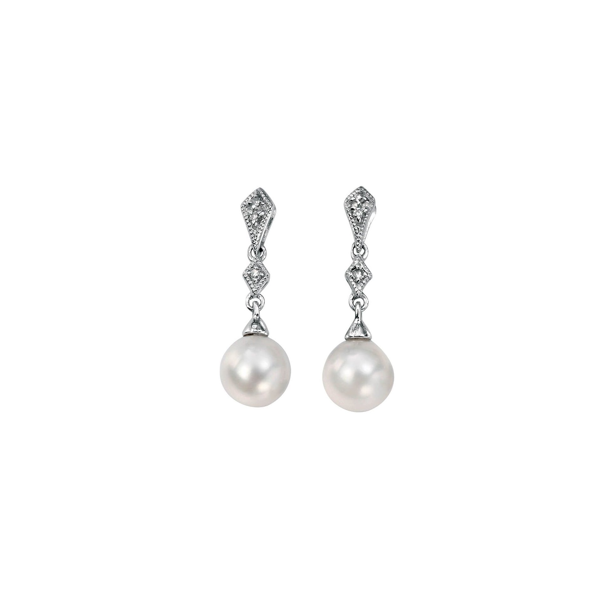9ct White Gold Deco Style Diamond & Freshwater Pearl Drop Earrings