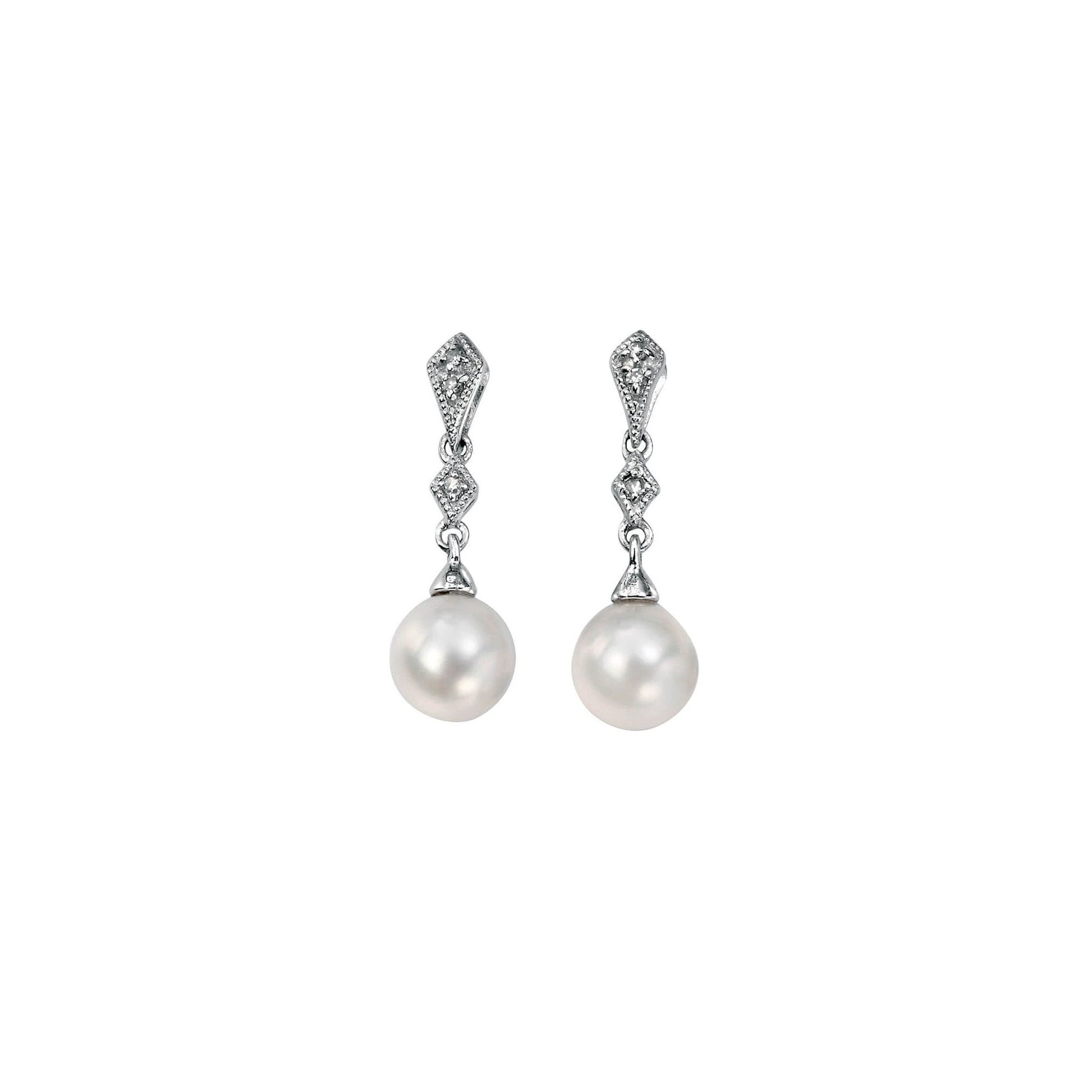 9ct White Gold Deco Style Diamond & Freshwater Pearl Drop Earrings