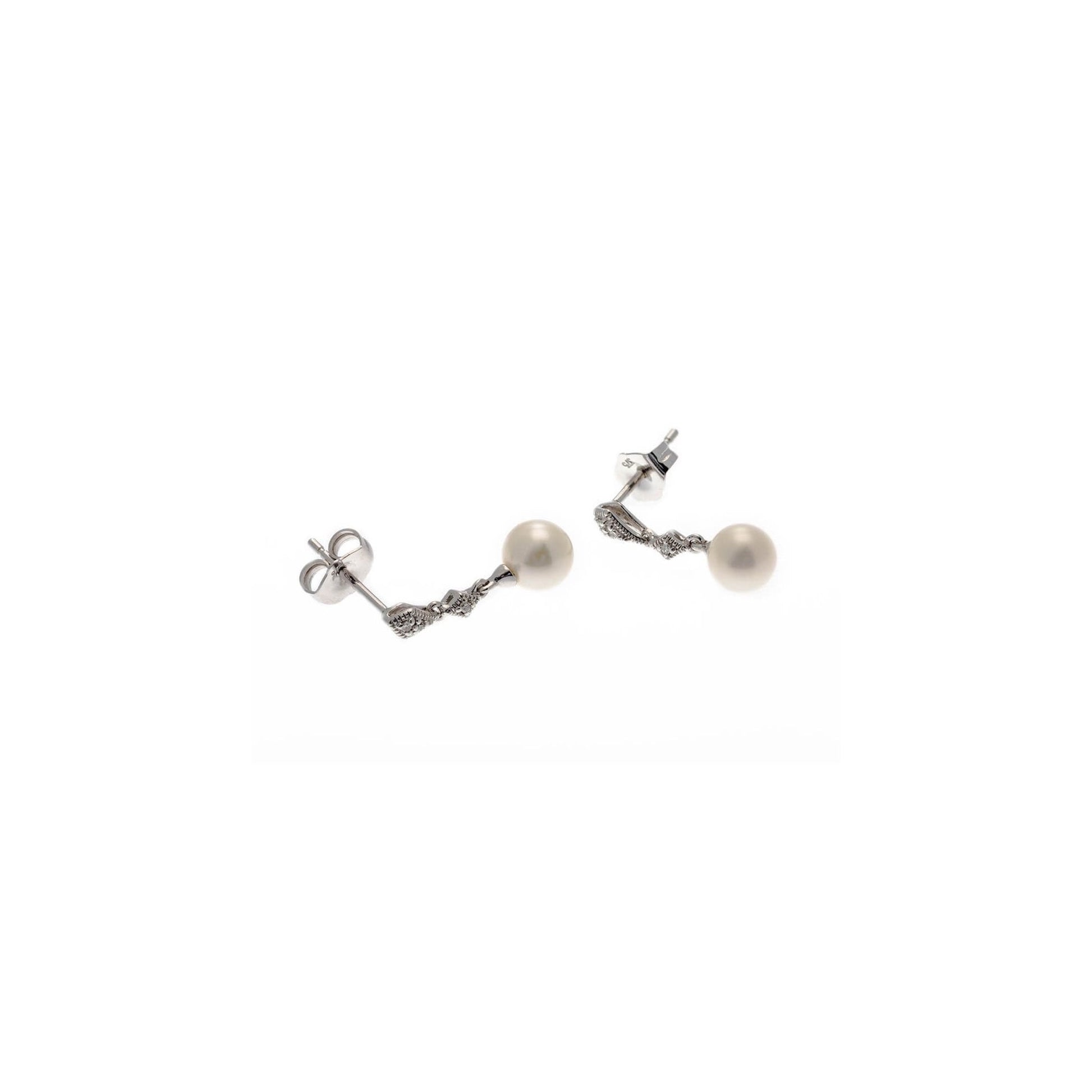 9ct White Gold Deco Style Diamond & Freshwater Pearl Drop Earrings
